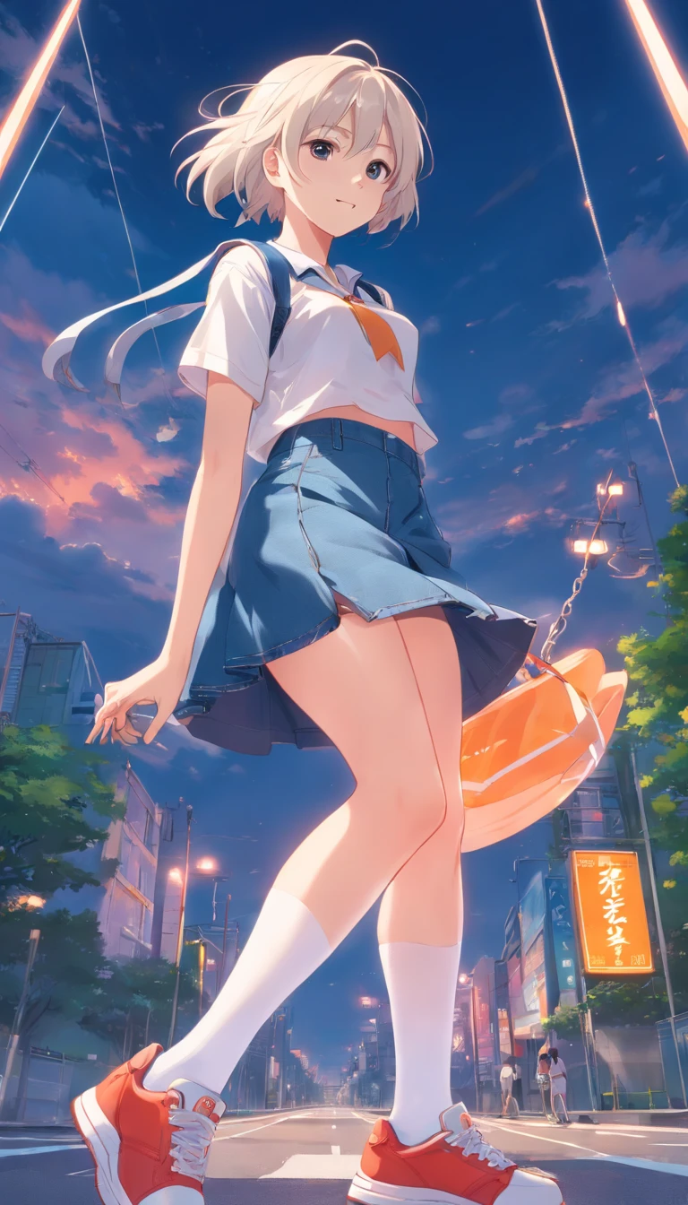 best qualtiy, tmasterpiece, 超高分辨率, realisticlying, 1 girl,(long white hair),Heterochromic pupils,(ssmile)(Denim skirt),White stockings,athletic sneakers,Park swing,wide angles
