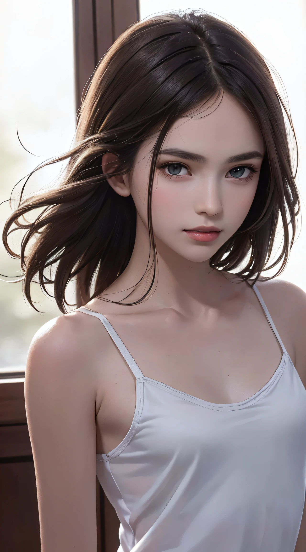 (8K, RAW Photos, of the highest quality, Masterpieces: 1.2), (Realistic, Photorealistic: 1.37), Highest Quality, Ultra High Resolution, focused eyes, light  leaks, Dynamic lighting, Slim and smooth skin, (Full body:1.3), (Soft Saturation: 1.6), (Fair skin: 1.2), (Glossy skin: 1.1), (Oiled skin:1.2), 18 years old, Night, Indoor, Strong morning light from the front,
BREAK,
shiny white blonde, Well-formed, Hair fluttering in the wind, (Close-up shot of face only:1.2), Physically Based Rendering, From multiple angles, (Cute:1.2), Beautiful hair blown in the wind, all-fours, Chest is sheer, Well equipped, Sheer, Transparent, Glittering Gemstones, beautiful body shape, It features a simple, Outside, in a fountain of Greek-style architecture, the goddess is held captive by a large chain.
BREAK,
Hair volume decreases towards the ends of the hair, Beautiful skin without blemishes, (thin white small camisole,,,:1.2), Sparkly lips, The air is clear, shiny white blonde hair, Light is coming in from various directions, Hair through intense light, (Erotic:1.3), (Bare chest:1.2), (Small breasts:1.2), Under the breasts, narrowwaist, narrow shoulders, gazing at viewer, Big smile, spring, Bathing,shorth hair