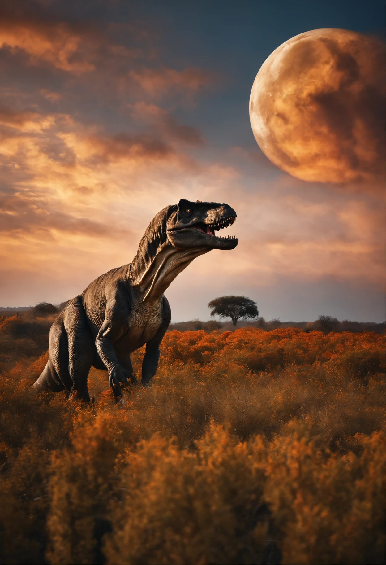 El gato cabalga sobre el lomo de un Tyrannosaurus rex,Postura ofensiva,Hay platillos voladores como pizza flotando en el cielo,El trasfondo es la inmensidad del universo,Un estilo realista,Ultraclaro,fotorrealista,