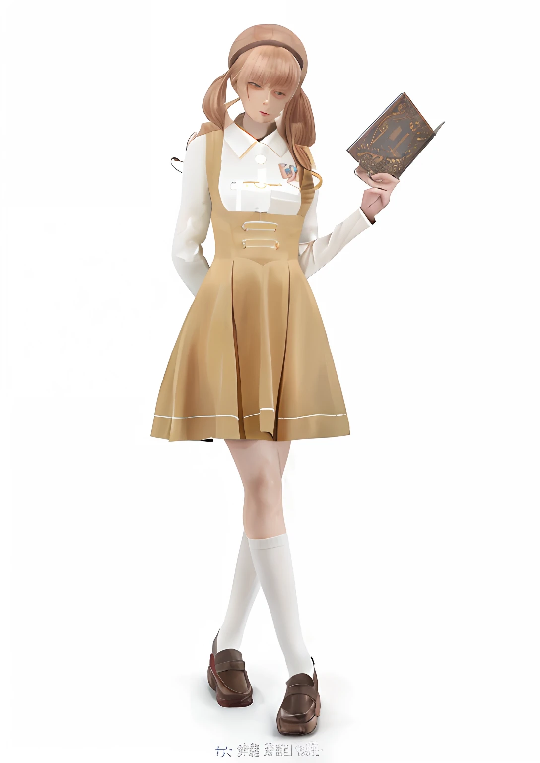 There was a woman in a dress and a hat holding a book, Magical school student uniform, magic school uniform, JK school uniform, school uniform, dressed as schoolgirl, japanese girl school uniform, Japanese school uniform, in detailed steampunk dress, girl in uniform, full body wide shot, wearing honey - themed miniskirt, dressed like a cleric, a wide full shot