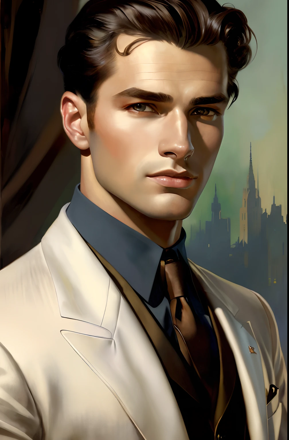 A portrait of a handsome Hugo Boss male model in 1940s, beautiful painting with highly detailed face by Alphonse Mucha, Craig Mullins, Greg Rutkowski, magali villanueve, (the most beautiful portrait in the world:1.5)