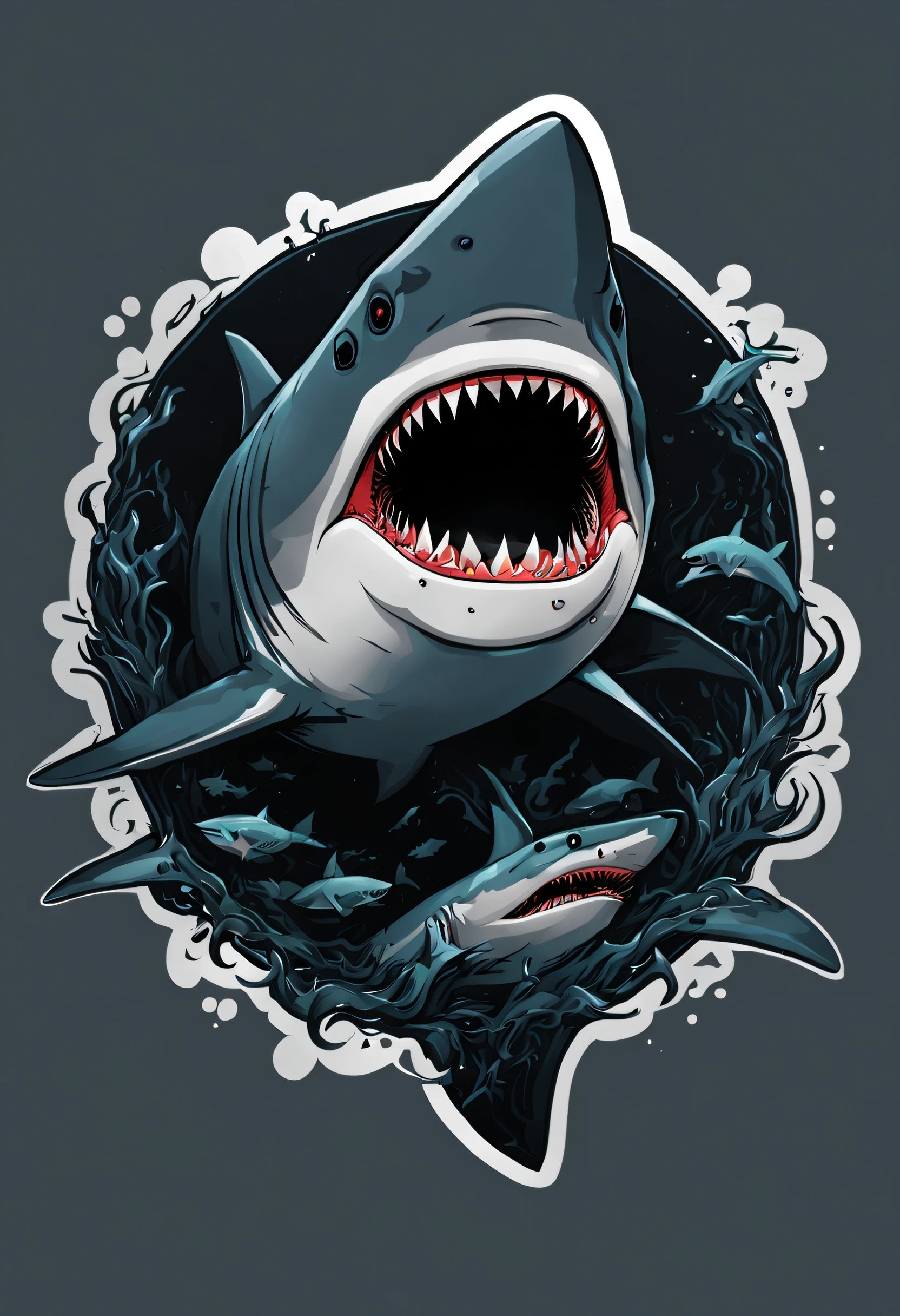 /Imagine Prompt: Shark illustration for sticker on black background, Bold outline style, jagged, Trashcore, Light Shading