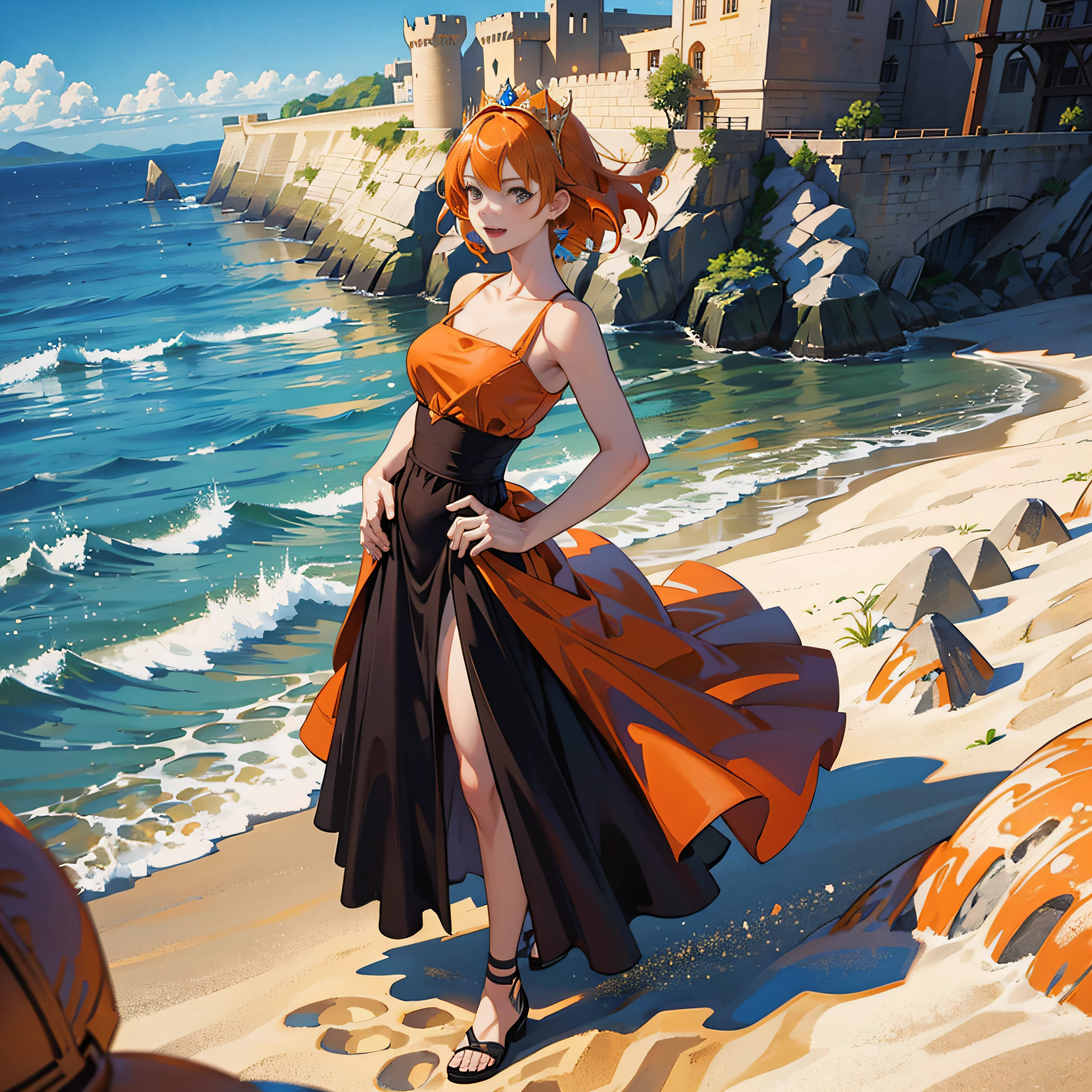 masutepiece, Best Quality, Solo, 1girl in, Orange hair, Blue hair, :D, Orange dress, Looking at Viewer, Outdoors, Sand, sand dunes, Huge castle, diadems, Standing, Full body, Cowboy Shot, Hands on hips, --auto