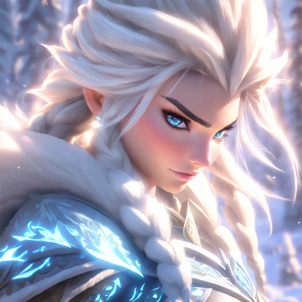 A majestic scene unfolds in the frozen tundra of the Freljord, showcasing Ashe, the Iceborn Warmother of the Avarosan tribe. She stands tall and resolute, her True Ice bow gleaming in the ethereal light. The winds whip through her flowing white hair, as her piercing blue eyes pierce through the icy landscape. This image captures the essence of Ashe's leadership, strength, and connection to her ancestral magics. {Outdoor environment, photorealistic digital illustration, Freljord-inspired art style, Art Station inspirations: Riot Games' League of Legends concept art, Camera: Medium shot, HDR lighting, 8K resolution}