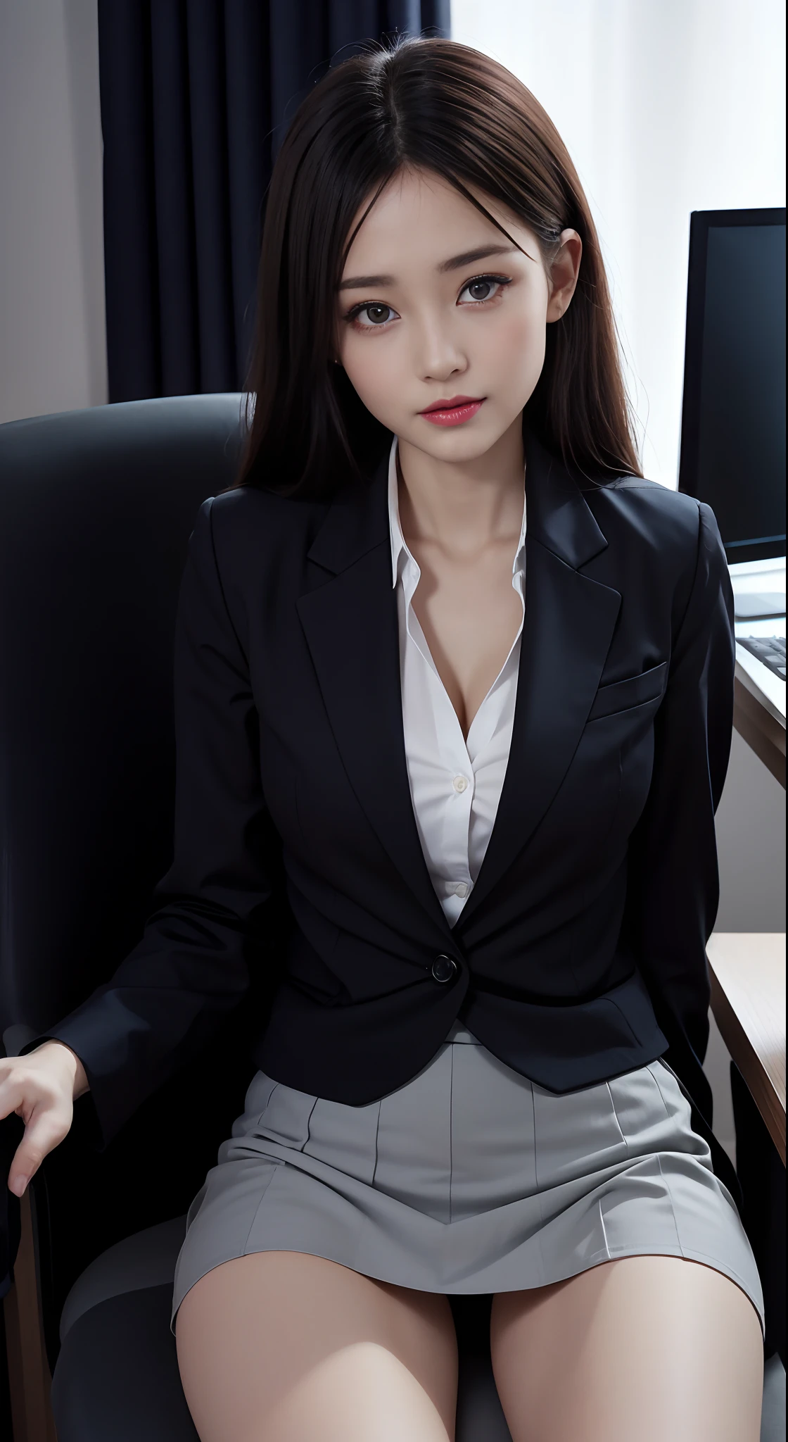 face is :9,1714884241], High-class elite secretary in a business shirt, Work in an office chair、Wearing a strict business suit, (Wearing pantyhose)、(Short Layer Hair)、crossed legs, Wear high-quality heels、 (thighhighs and skirt、Colossal tits), Girl in a shirt, Wearing a business suit, Wearing a business suit, in a business suit, businesswoman, business outfit, wearing black business suit, Wear shirts and skirts., Woman in business suit, business outfit, business outfit, Raw foto, (8K、top-quality、​masterpiece:1.2)、(delicate detail:1.4)、(Photorealsitic:1.4)、octan render、Complex 3D Rendering, ultra-detailliert, Studio Soft Light (Studio Soft Light) (Studio Soft Light (Studio Soft Light)), Rim Light, vibrant detail, super detailing, realistic skin textures, Detail Face, Beautiful detail eyes, Highly detailed CG Unity 16K wallpaper, Makeup-, (Detailed background:1.2), Exposed thighs!!!,