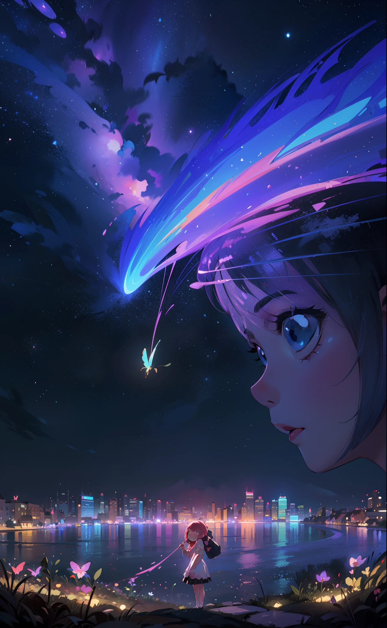 Nino Nakano, perfect face, perfect anatomy, (masterpiece、top-quality、top-quality、watercolor paiting、Official art、Beautifully Aesthetic:1.2)、(a beauty girl:1.3)、patterns、Hair spreads throughout、kawaii、pastels、Large ribbon、blue sky, white clouds, HD Detail, Ultra Detail, Movie, Hyper Realism, Soft Light, Deep Focus Bokeh, Ray Tracing, --niji 5. crystal, fantasy, galaxy, transparent, shimmering, sparkling, splendid, colorful, magical photography, dramatic lighting, Sweet face, soft smile, sparkling eyes, wallpaper inspired by Your Name movie by Makoto shinkai. Starry sky, masterpiece, black silhouette, perfect anatomy, romantic, Kimi no na wa, extremely detailed faces. Cute faces, perfect faces, masterpiece, 4k, Sweet, blushing, Your Name style, kimi no na wa, starry sky, black silhouette, shadow, Nino Nakano, Nino Nakano from The Quintessential Quintuplets, shoulder length pink hair, butterfly hair ribbons, soft frilly organza dress, flowing white dress, flowers, butterflies, fireflies, soft breeze, enchanting atmosphere, soft pastel colours, diffused dreamy light, pearly nebula, Heart, iridescent, cute, crystal, love, blushing, sweet expression, splendid delicate dress, laying among lillies, blue sky, iridescent clouds, pastels, dark starry sky,