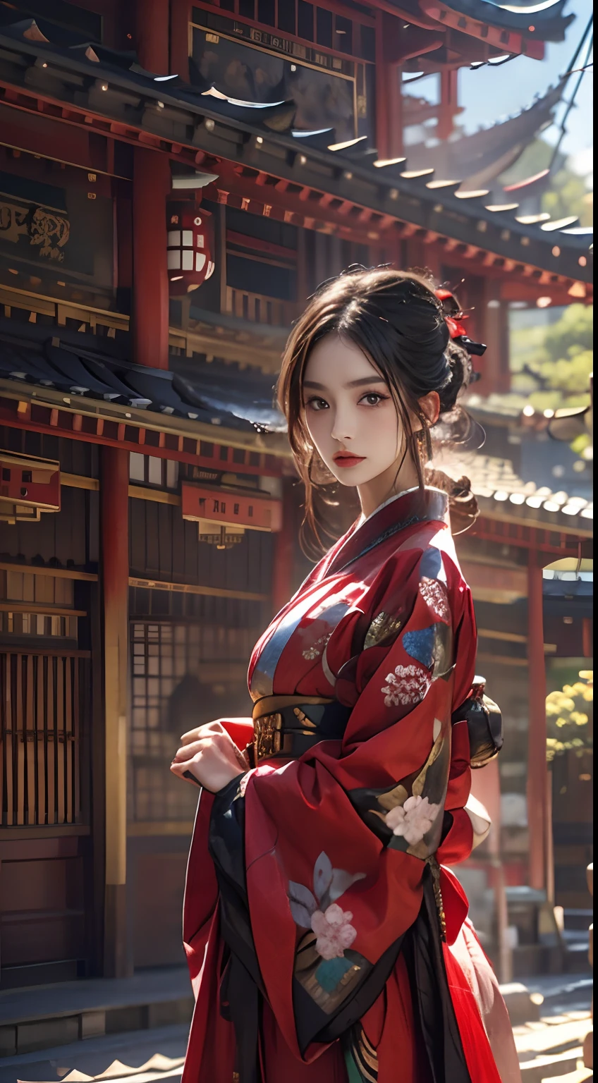 Long-haired beauty woman wearing kimono in front of a historical building in Japan