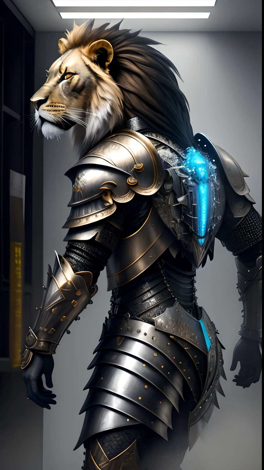 Animalrizz (Fishy trade) 10, masterpiece, highres, Absurd,photorealistic portrait, Parley_armature, Lion in Armor ,Wear Parley_armature, Massive futuristic armor, running, move, Rocket propulsion,((from the side))
