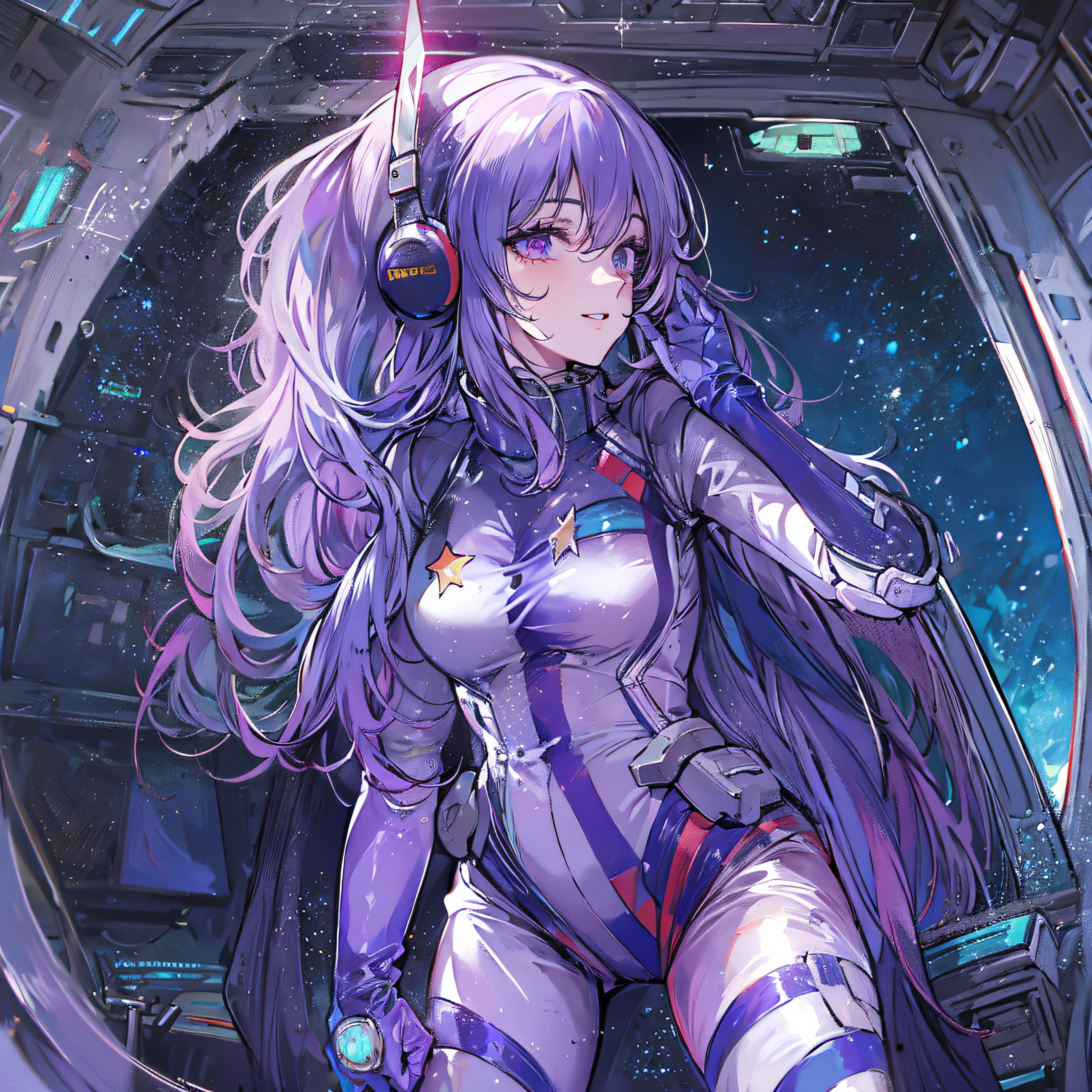 masterpiece,cg,best quality,highres,good anatomy,extremely delicate and beautiful,(semi-realistic:1.5),detailed eyes,perfect face,beautiful face,1girl,solo,louka,blue pilot suit, long hair, purple hair, latex suit, white belt,star mark, light smile,closed mouth, facing viewer,salute,standing beside window,cowboy shot,inside spacecraft,galaxy,planet,glass,