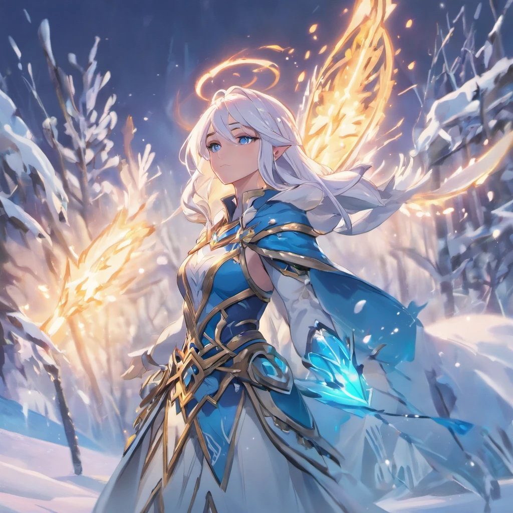 A majestic scene unfolds in the frozen tundra of the Freljord, showcasing Ashe, the Iceborn Warmother of the Avarosan tribe. She stands tall and resolute, her True Ice bow gleaming in the ethereal light. The winds whip through her flowing white hair, as her piercing blue eyes pierce through the icy landscape. This image captures the essence of Ashe's leadership, strength, and connection to her ancestral magics. {Outdoor environment, photorealistic digital illustration, Freljord-inspired art style, Art Station inspirations: Riot Games' League of Legends concept art, Camera: Medium shot, HDR lighting, 8K resolution}