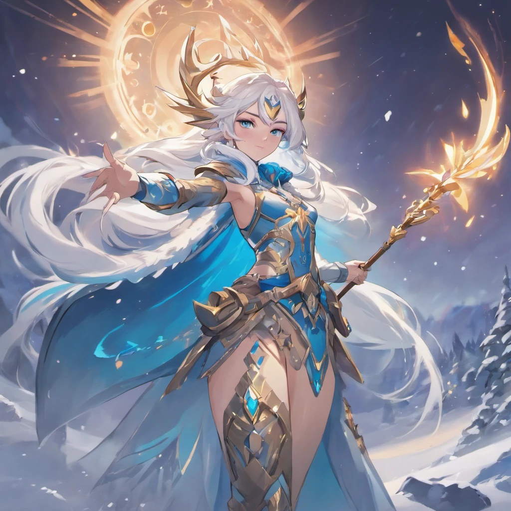 A majestic scene unfolds in the frozen tundra of the Freljord, showcasing Ashe, the Iceborn Warmother of the Avarosan tribe. She stands tall and resolute, her True Ice bow gleaming in the ethereal light. The winds whip through her flowing white hair, as her piercing blue eyes pierce through the icy landscape. This image captures the essence of Ashe's leadership, strength, and connection to her ancestral magics. {Outdoor environment, photorealistic digital illustration, Freljord-inspired art style, Art Station inspirations: Riot Games' League of Legends concept art, Camera: Medium shot, HDR lighting, 8K resolution}