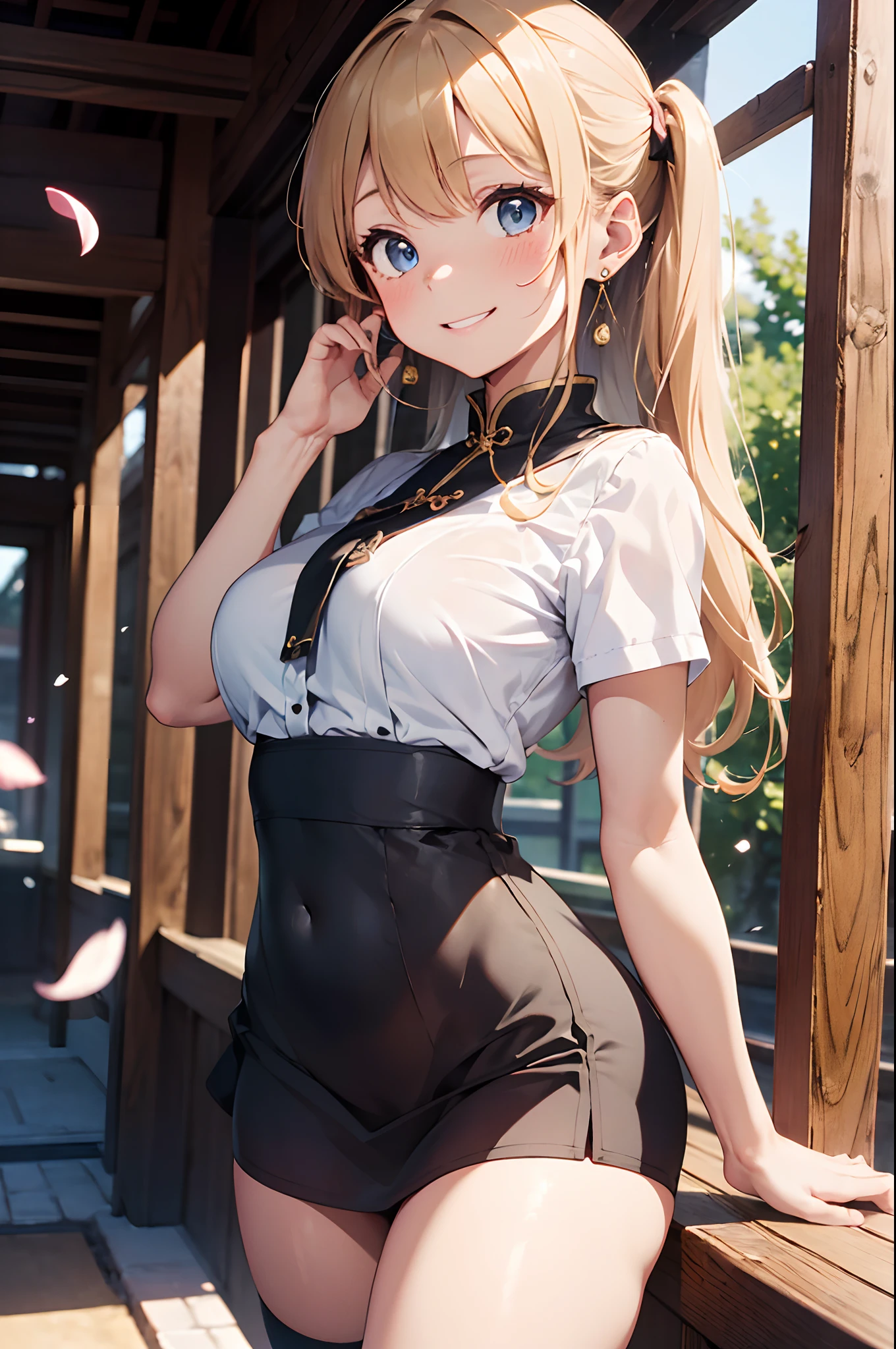 Realistic and detailed image of a girl in a Chinese dress with mini skirt. She has long wavy blonde hair in pigtails. Blue eyes. She has earrings, long eyelashes. she has small breasts, slim waist, very wide hips and thick thighs. smiling, pleased face. With one leg raised, back arched. She is in a Buddhist temple with flower petals falling around her.