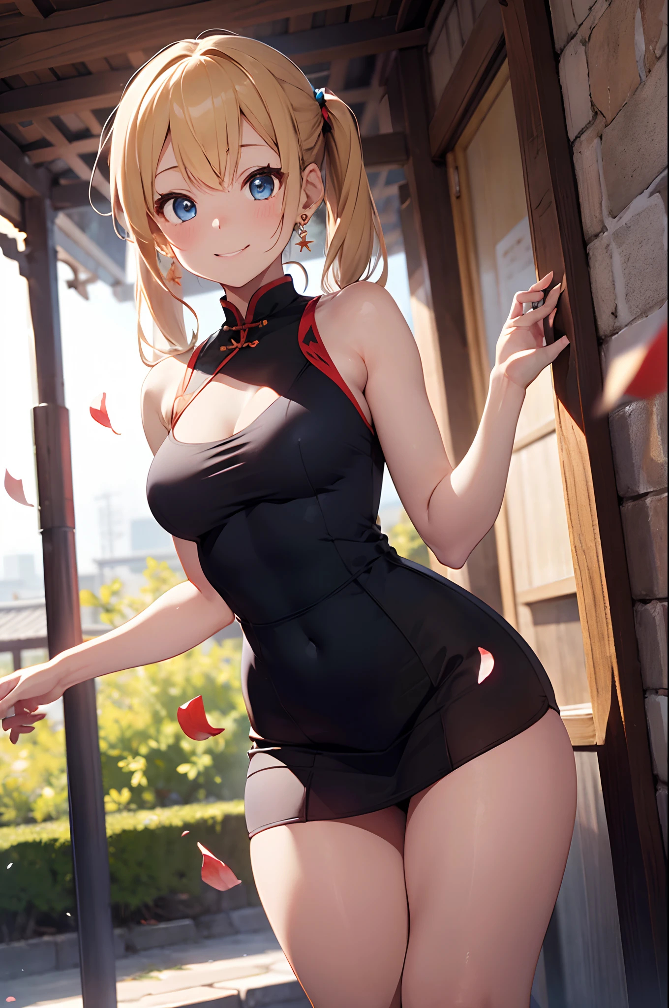 Realistic and detailed image of a girl in a Chinese dress with mini skirt. She has long wavy blonde hair in pigtails. Blue eyes. She has earrings, long eyelashes. she has small breasts, slim waist, very wide hips and thick thighs. smiling, pleased face. With one leg raised, back arched. She is in a Buddhist temple with flower petals falling around her.