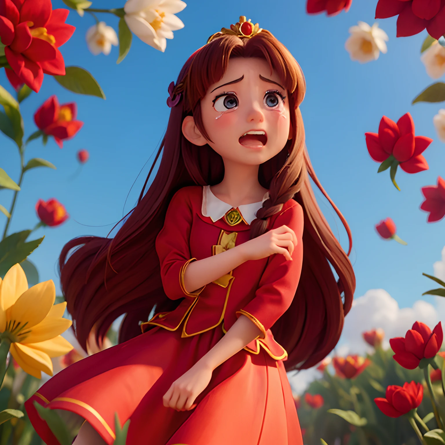 long hairstyle girl crying , falling flowers red, sad movie, Disney movie poster, red princess outfit