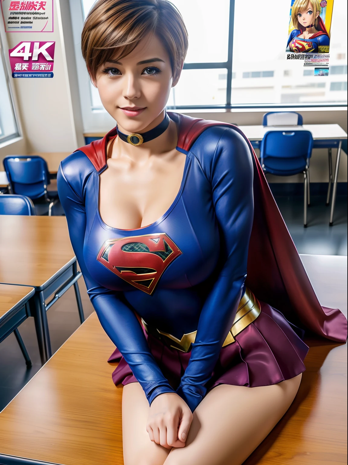 (Best Quality,4K,8K,hight resolution,masutepiece:1.2),Ultra-detailed,Realistic:1.37,Super masterpiece,Short-haired Supergirl lying on school desk seducing、large full breasts、Looking at the camera、a choker、bare-legged、Weekly magazine cover、Cheerful pose