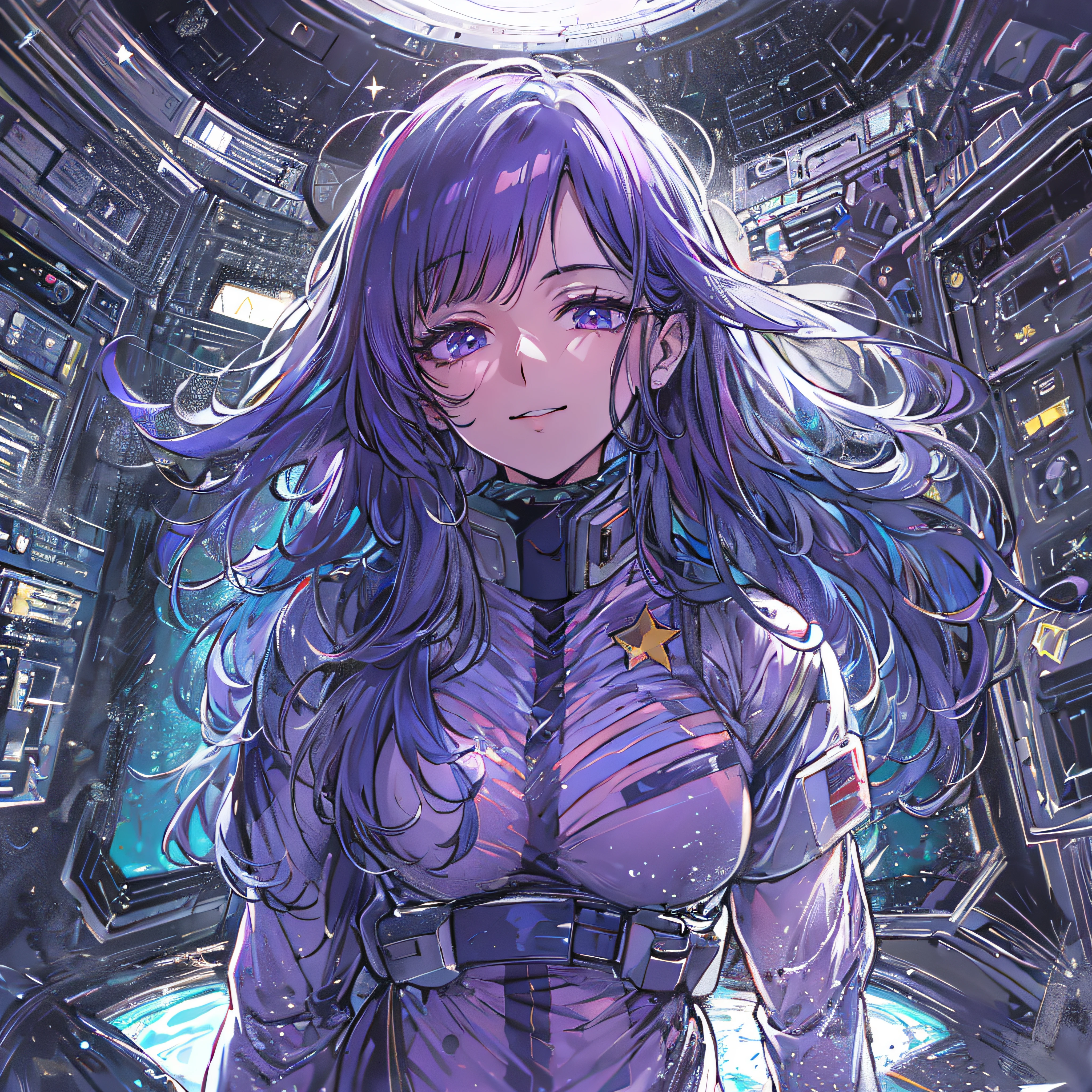 masterpiece,cg,best quality,highres,good anatomy,extremely delicate and beautiful,(semi-realistic:1.5),detailed eyes,perfect face,beautiful face,1girl,solo,louka,blue pilot suit, long hair, purple hair, latex suit, white belt,star mark, light smile,closed mouth, facing viewer,salute,standing beside window,cowboy shot,inside spacecraft,galaxy,planet,glass,