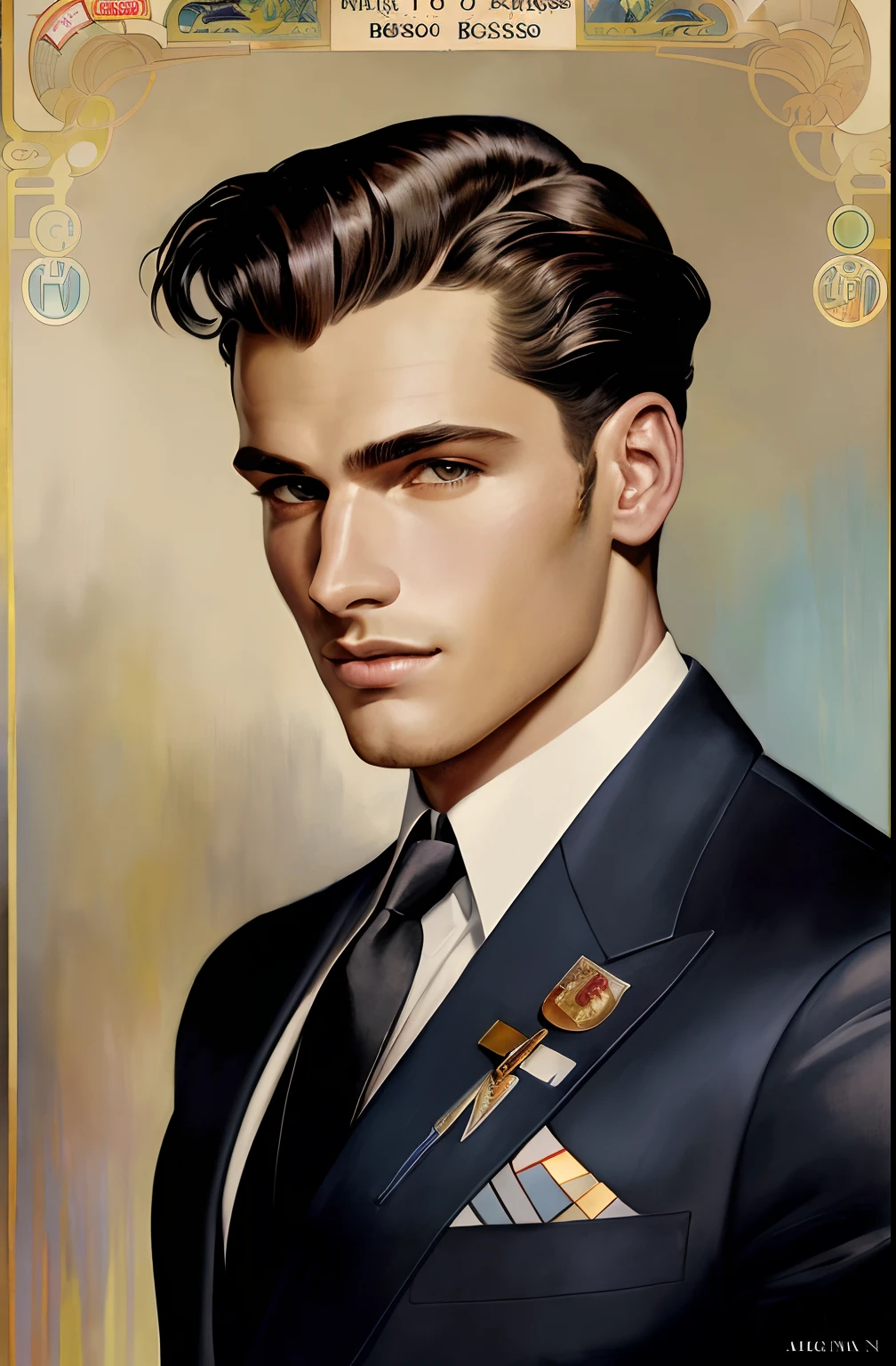 A portrait of a handsome Hugo Boss male model in 1940s, beautiful painting with highly detailed face by Alphonse Mucha and greg rutkowski and magali villanueve, (the most beautiful portrait in the world:1.5)