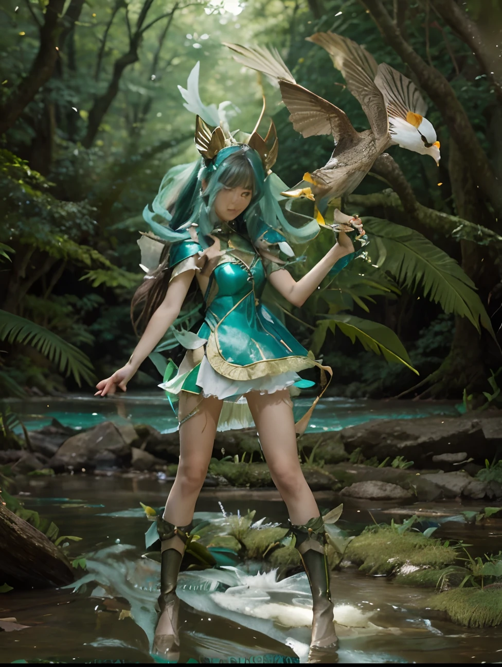 a close up of a person holding a bird near a body of water, fey queen of the summer forest, ayaka game genshin impact, alluring elf princess knight, elf girl, fantasy outfit, ayaka genshin impact, forest hunter lady, full body xianxia, seraphine ahri kda, fantasy hunter, elf queen, pixie character
