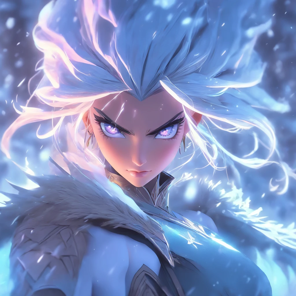 A captivating digital illustration portrays Ashe, the Iceborn Warmother of the Freljord, emerging from a blizzard. Rendered in a surrealist art style, the image combines elements of realism and dreamlike aesthetics. As she strides forward, her True Ice bow crackles with arcane energy, illuminating the swirling snowflakes that dance around her. The composition evokes a sense of mysticism and power, paying homage to Ashe's role as the embodiment of Avarosa. {Outdoor environment with blizzard, surrealist digital illustration, Art Station inspirations: Loïc Locatelli-Kournwsky, Camera: Low angle shot, Hyperrealistic rendering, 4K resolution}