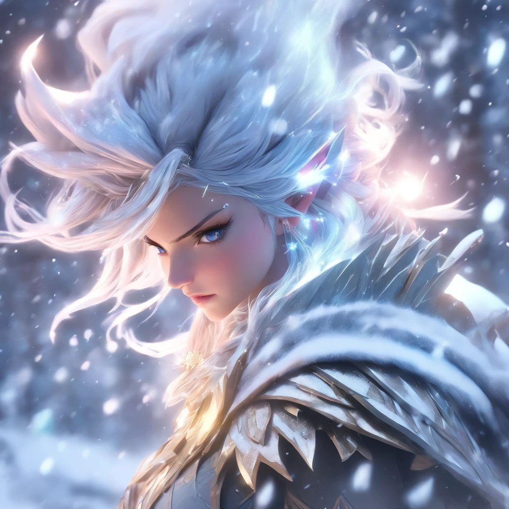 A captivating digital illustration portrays Ashe, the Iceborn Warmother of the Freljord, emerging from a blizzard. Rendered in a surrealist art style, the image combines elements of realism and dreamlike aesthetics. As she strides forward, her True Ice bow crackles with arcane energy, illuminating the swirling snowflakes that dance around her. The composition evokes a sense of mysticism and power, paying homage to Ashe's role as the embodiment of Avarosa. {Outdoor environment with blizzard, surrealist digital illustration, Art Station inspirations: Loïc Locatelli-Kournwsky, Camera: Low angle shot, Hyperrealistic rendering, 4K resolution}