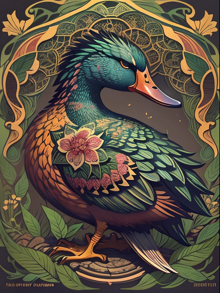 Colorful duck, blank background, art nouveau, intricate artwork, ominous, epic, highly detailed, vibrant