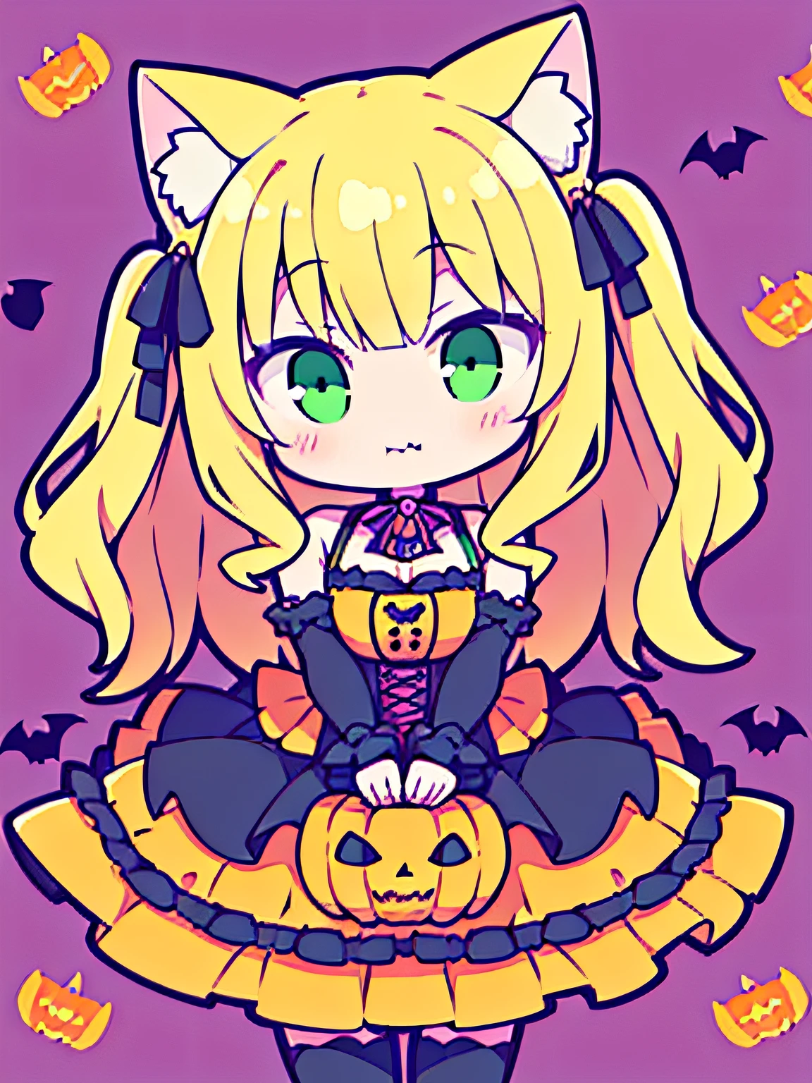 pumpkins, Halloween, cute, 1girl,(blonde hair),(blonde cat ears),(wavy hair),(green eyes),mischievous face,holding pumpkin, Halloween bats, Halloween dress, medium breasts,(purple background)