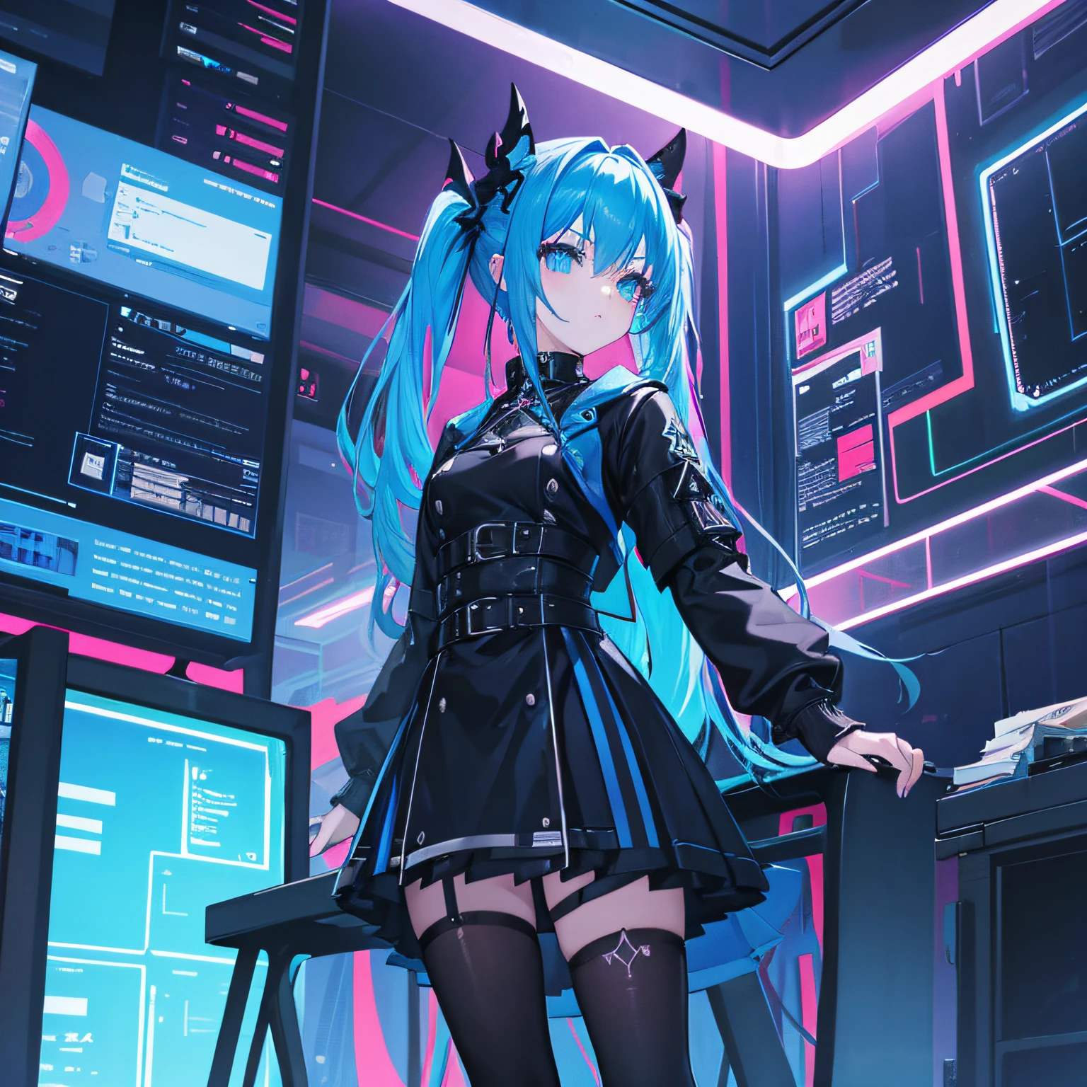 A goth girl in a blue neon city, Your character sheet is a canvas for endless possibilities and creative expression, Anime style, Por el ancho, de  pie, colores azules