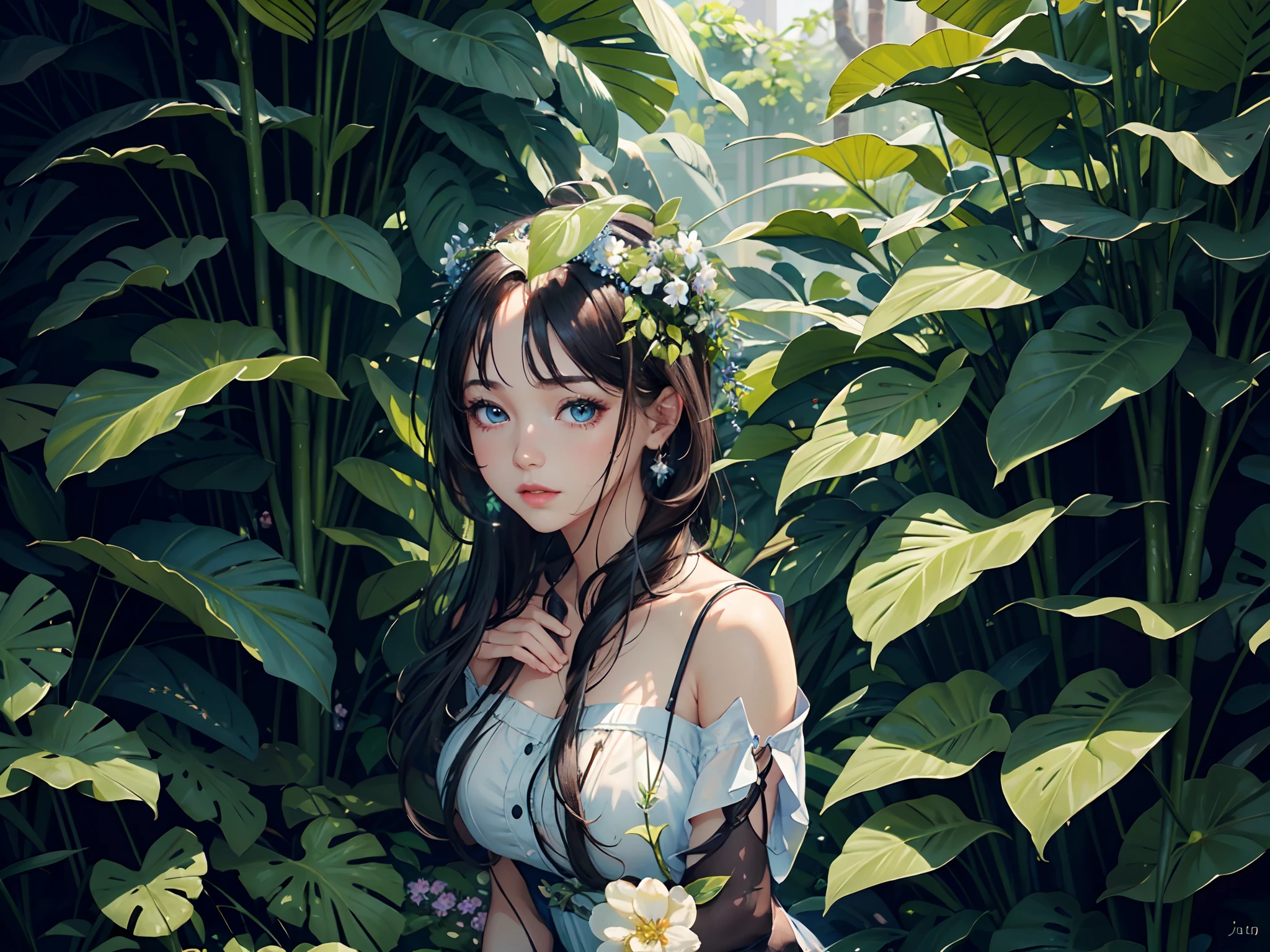 (best quality,4k,8k,highres,masterpiece:1.2),ultra-detailed,(realistic,photorealistic,photo-realistic:1.37),beautiful detailed eyes,beautiful detailed lips, deep light blue and dark hair, extremely detailed eyes and face,1girl,portrait, vivid colors,soft lighting,flowing dress,green garden,flowers in bloom,gentle smile,natural sunlight,harmonious composition,subtle brushwork,delicate skin tones,lively strokes,lush foliage,serene atmosphere,sublime beauty