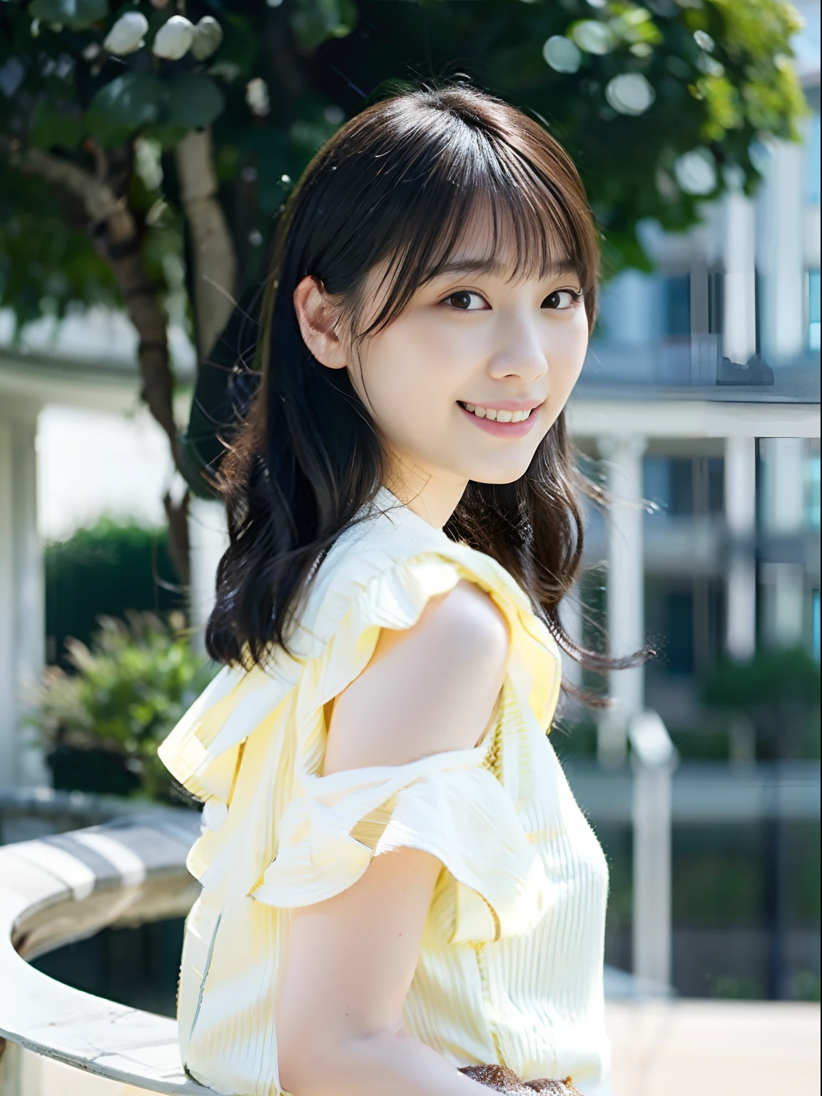 top-quality、超A high resolution、(Photorealsitic:1.4)、女の子1人、turned around、A little smile、Unusual look、Sexy buttocks、White blouses、Beautiful curved waist constriction、Document Case Retention