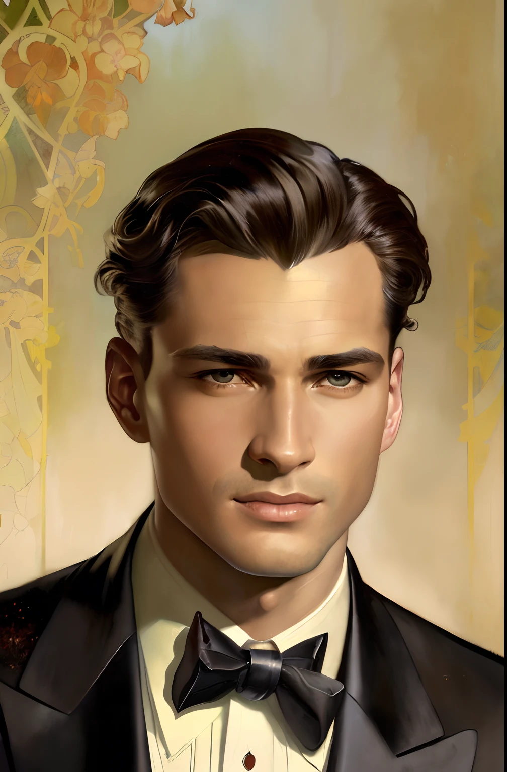 A portrait of a handsome Hugo Boss male model in 1940s, beautiful painting with highly detailed face by Alphonse Mucha, Craig Mullins, Greg Rutkowski, magali villanueve, (the most beautiful portrait in the world:1.5)