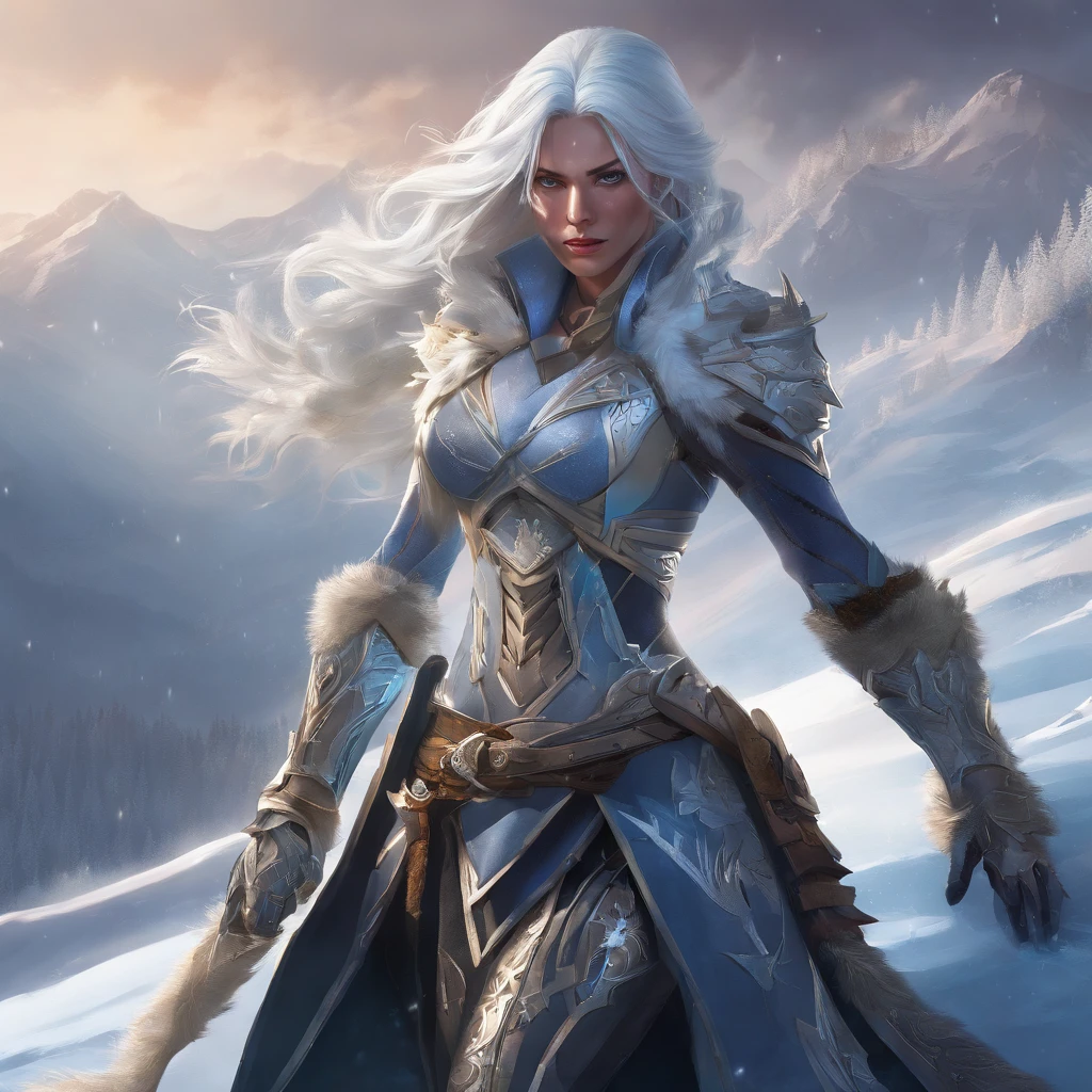 In a hyper-detailed photograph, Ashe, the Iceborn Warmother of the Freljord, stands atop a frozen waterfall, gazing into the distance with determination. The scene is bathed in the warm glow of the setting sun, casting long shadows on the icy terrain. Every intricate detail of Ashe's armor, from the engravings on her breastplate to the frost patterns on her gauntlets, is brought to life, showcasing the craftsmanship of her True Ice equipment. This image captures the essence of Ashe's leadership, resilience, and connection to her ancestral powers. {Outdoor environment, highly detailed photograph, professional photography style, Behance inspirations: Timo Müller, Camera: Wide angle shot, UHD resolution, HDR lighting}