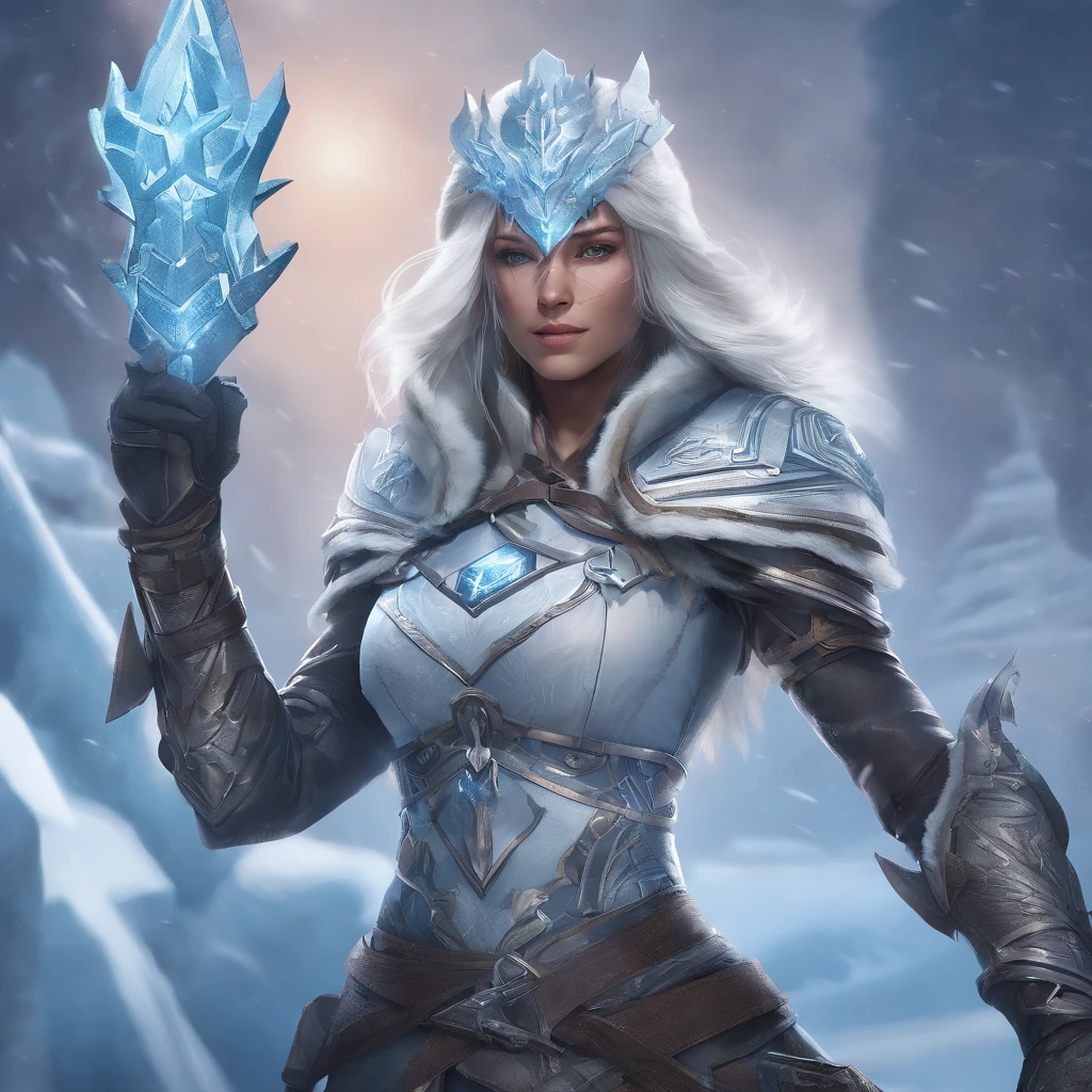 In a hyper-detailed photograph, Ashe, the Iceborn Warmother of the Freljord, stands atop a frozen waterfall, gazing into the distance with determination. The scene is bathed in the warm glow of the setting sun, casting long shadows on the icy terrain. Every intricate detail of Ashe's armor, from the engravings on her breastplate to the frost patterns on her gauntlets, is brought to life, showcasing the craftsmanship of her True Ice equipment. This image captures the essence of Ashe's leadership, resilience, and connection to her ancestral powers. {Outdoor environment, highly detailed photograph, professional photography style, Behance inspirations: Timo Müller, Camera: Wide angle shot, UHD resolution, HDR lighting}