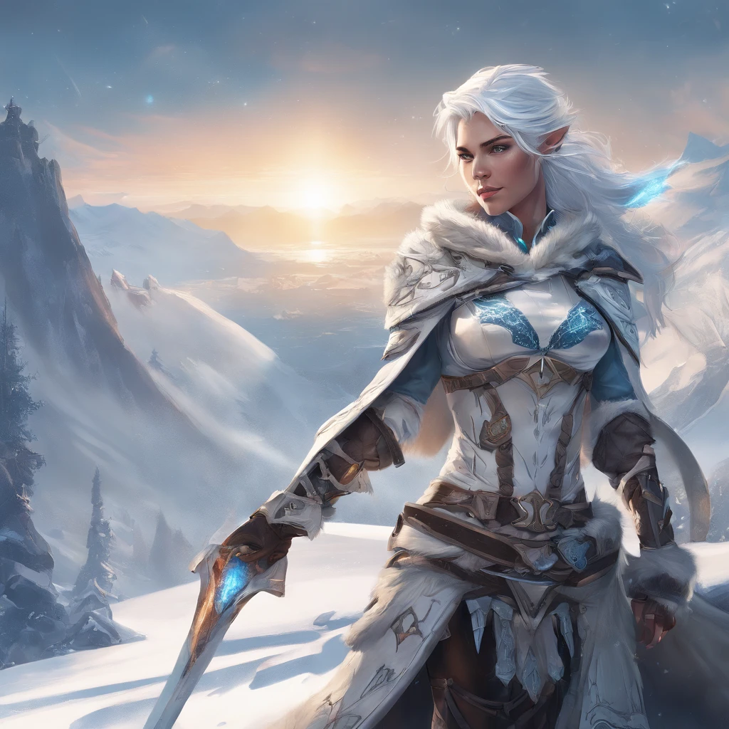 In a hyper-detailed photograph, Ashe, the Iceborn Warmother of the Freljord, stands atop a frozen waterfall, gazing into the distance with determination. The scene is bathed in the warm glow of the setting sun, casting long shadows on the icy terrain. Every intricate detail of Ashe's armor, from the engravings on her breastplate to the frost patterns on her gauntlets, is brought to life, showcasing the craftsmanship of her True Ice equipment. This image captures the essence of Ashe's leadership, resilience, and connection to her ancestral powers. {Outdoor environment, highly detailed photograph, professional photography style, Behance inspirations: Timo Müller, Camera: Wide angle shot, UHD resolution, HDR lighting}