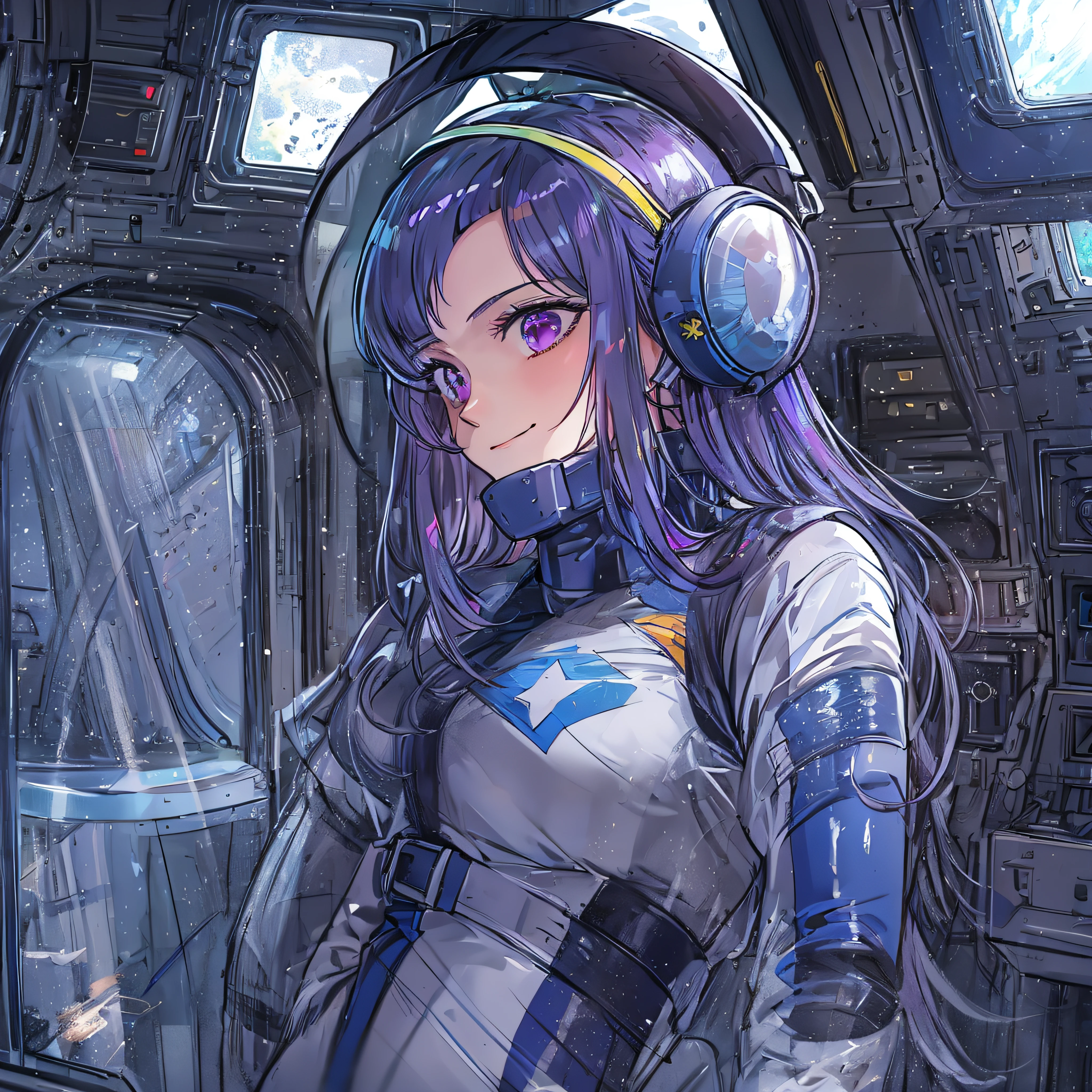 masterpiece,cg,best quality,highres,good anatomy,extremely delicate and beautiful,(semi-realistic:1.5),detailed eyes,perfect face,beautiful face,1girl,solo,louka,blue pilot suit, long hair, purple hair, latex suit, white belt,star mark, light smile,closed mouth, facing viewer,salute,standing beside window,cowboy shot,inside spacecraft,galaxy,planet,glass,