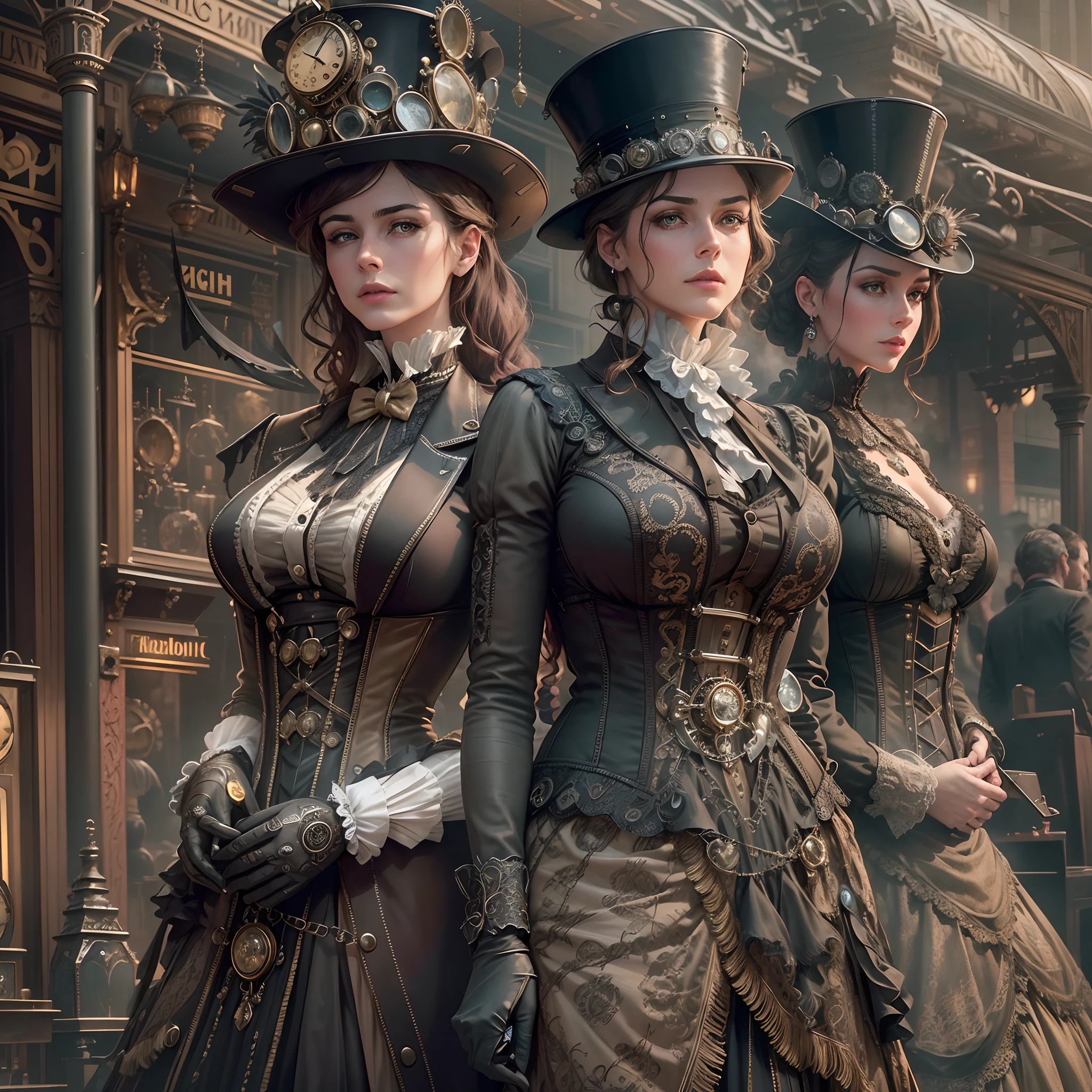 (Best quality,4K,8K,A high resolution,Masterpiece:1.2),Ultra-detailed,(Realistic,Photorealistic,photo-realistic:1.37),Steam punk,Another world,Dream-like,Isolated heroine, Intricate lace pattern and corset, Unique and refined costumes reminiscent of the Victorian era, Goggles and top hat,Beautifully designed jewelry and accessories, sci fi  movie, Detailed gears, victorian age, towering skyscrapers,  Advanced machinery, metalictexture, Mechanical devices, Futuristic gadgets, Mysterious fog, Airships float in the sky, Intricate clockwork mechanisms, Ethereal lighting, Vintage futuristic fashion, Steam-powered locomotive, Dilapidated factories, Cobblestone streets, Antique storefront,  .