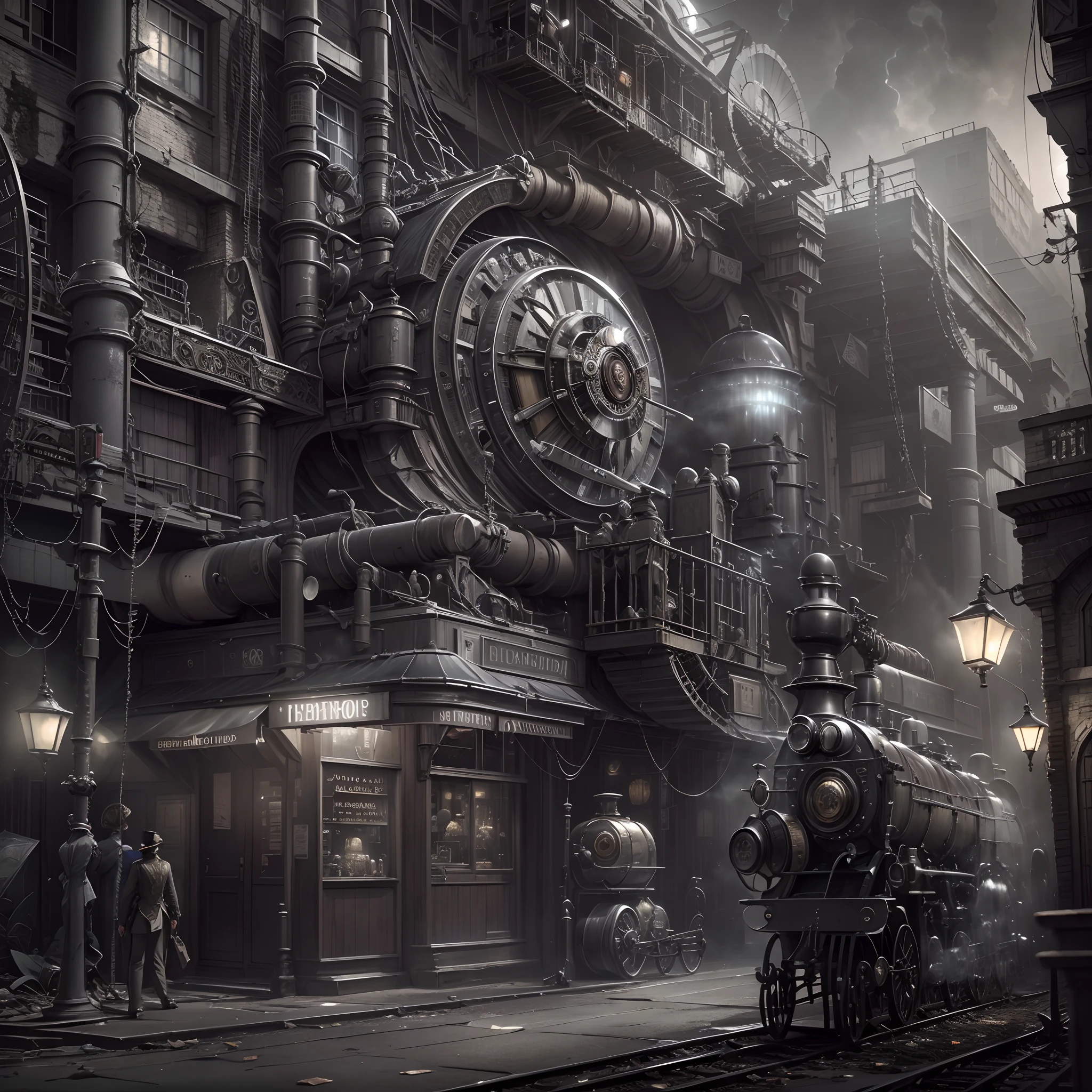 (Best quality,4K,8K,A high resolution,Masterpiece:1.2),Ultra-detailed,(Realistic,Photorealistic,photo-realistic:1.37),Steam punk,Black and white film,Another world,Dream-like,sci fi movie, Detailed gears, victorian age, dark alley, towering skyscrapers, Illuminated neon signage, Advanced machinery, metalictexture, Mechanical devices, Futuristic gadgets, Mysterious fog, Airships float in the sky, Intricate clockwork mechanisms, Ethereal lighting, Vintage futuristic fashion, Steam-powered locomotive, Dilapidated factories, Cobblestone streets, Antique storefront, High society gentlemen and ladies, Masked vigilantes, Experimental laboratory, fantastical creature.