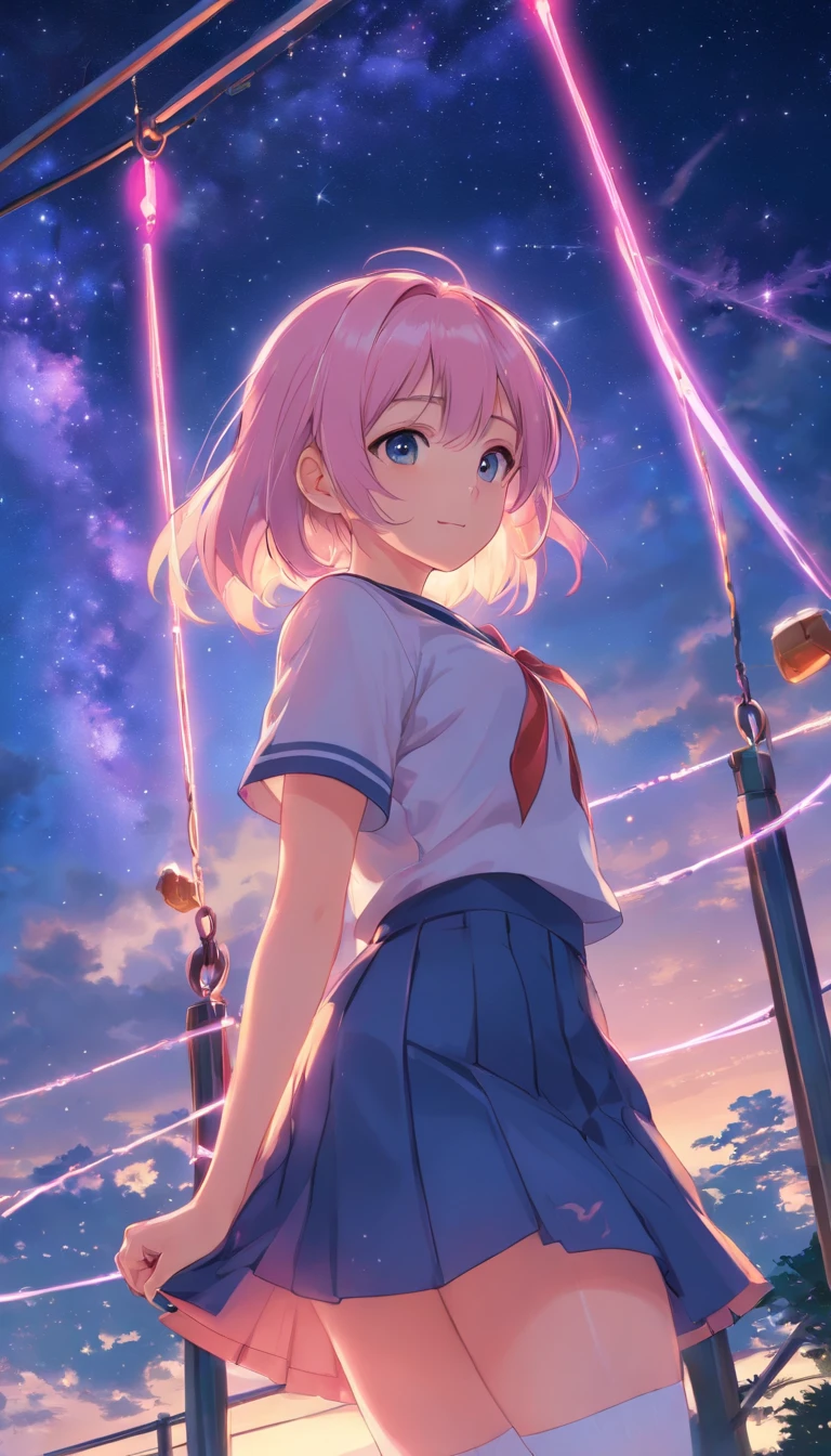 best qualtiy， tmasterpiece， 超高分辨率， realisticlying， 1 girl，（long  white hair），Heterochromic pupils，（ssmile）（JK skirt）， Pink stockings，athletic sneakers，Fantastic starry sky，looking at the stars，Park swing，wide angles