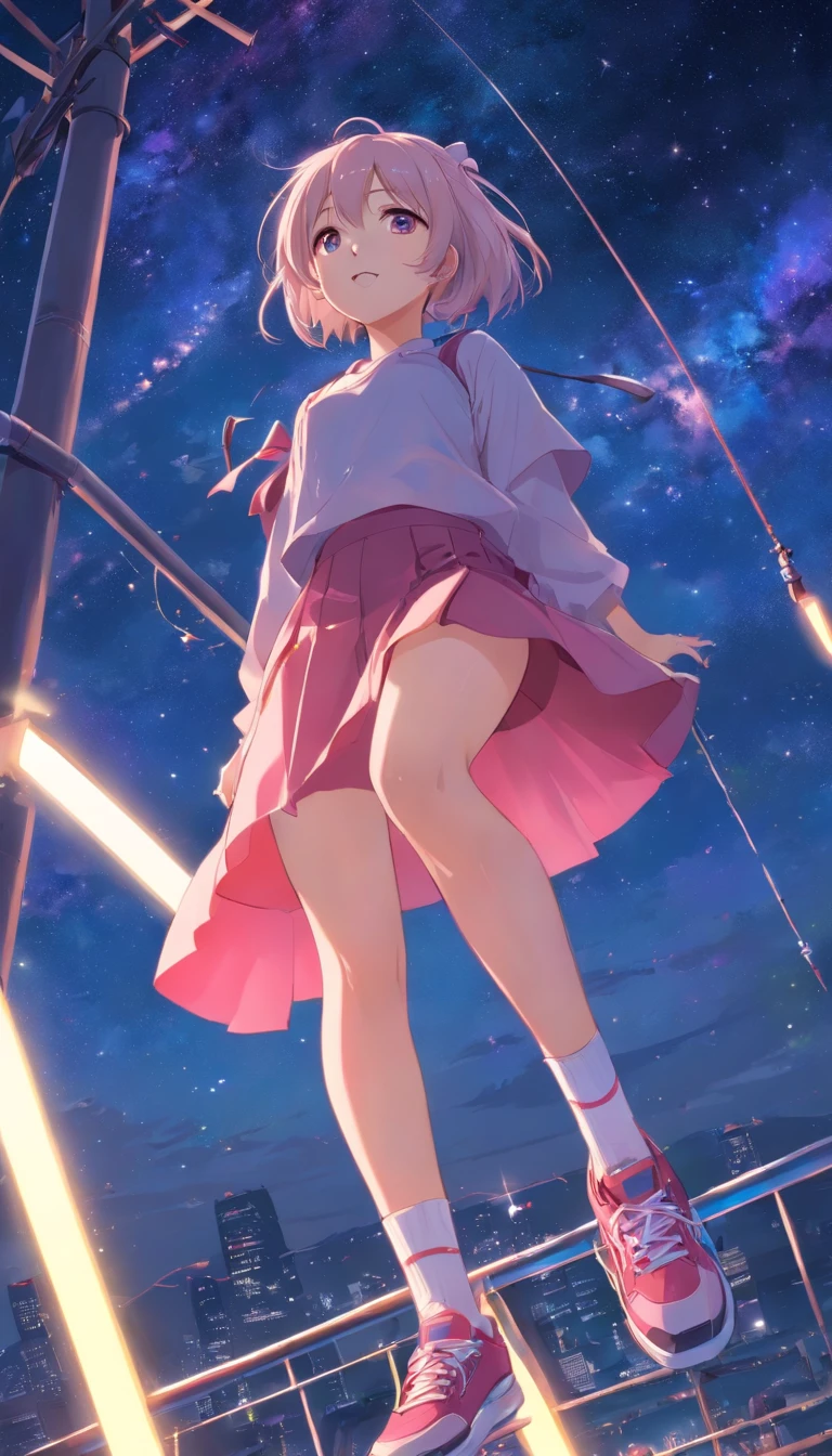 best qualtiy， tmasterpiece， 超高分辨率， realisticlying， 1 girl，（long  white hair），Heterochromic pupils，（ssmile）（JK skirt）， Pink stockings，athletic sneakers，Fantastic starry sky，looking at the stars，Park swing，wide angles