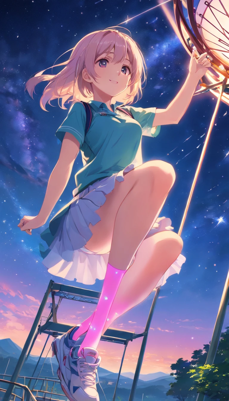 best qualtiy, tmasterpiece, 超高分辨率, realisticlying, 1 girl,(long white hair),Heterochromic pupils,(ssmile)(JK skirt), Pink stockings,athletic sneakers,Fantastic starry sky,looking at the stars,Park swing,wide angles