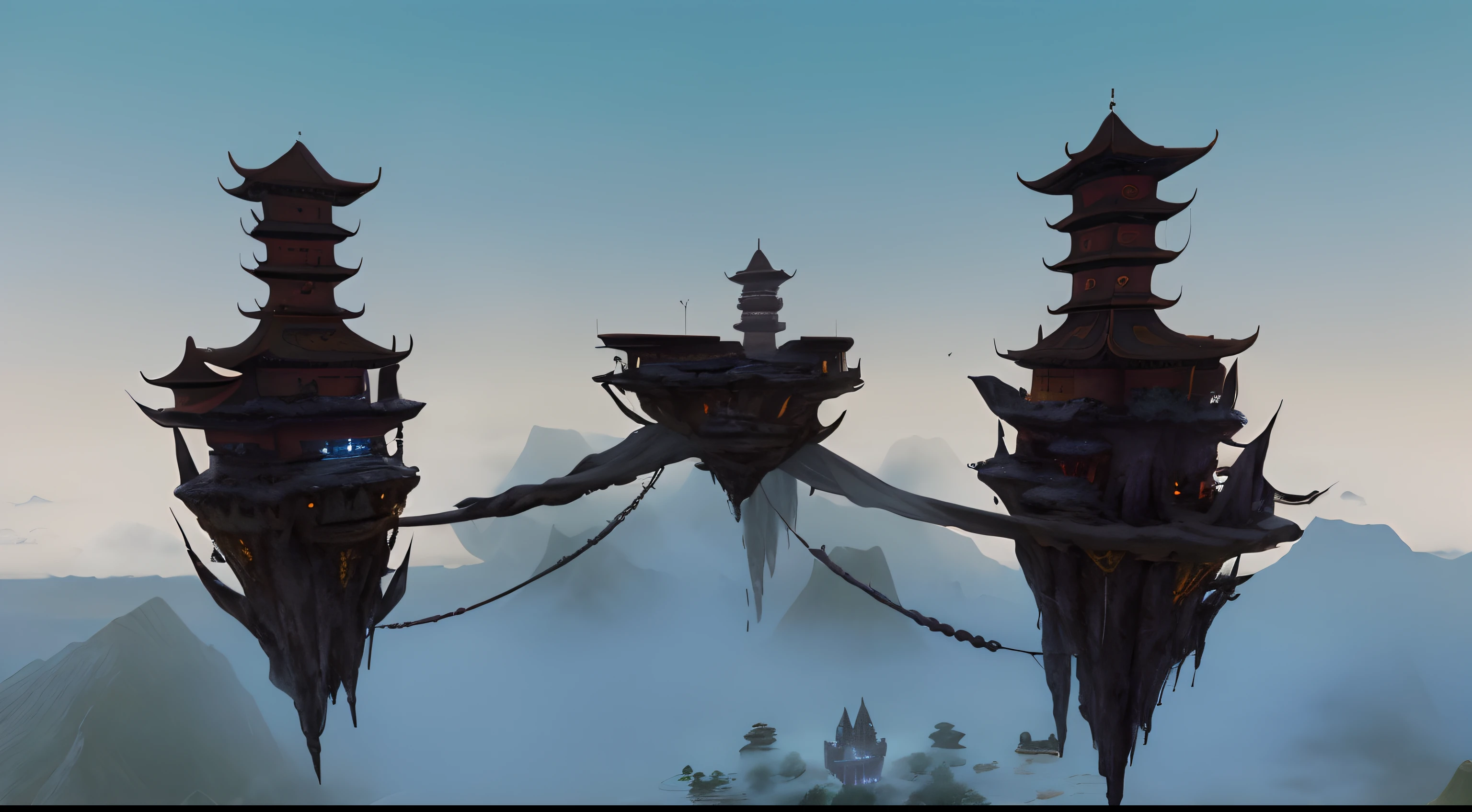((masterpiece)), (8k, high_resolution), (best quality), ultra-detailed, beautiful plants and trees, detailed forest,<mmorpgs scene, mmo, zenithal view, pc screenshot, ingame image, tamriel, longspear, imperial city in the distance, inspired by Sheng Maoye, high quality screenshot,there are three tall buildings that are in the middle of a mountain, floating lands in-clouds, mysterious temple setting, flying island in the sky, floating city on clouds, floating mountains, flying cloud castle, palace floating in the sky, floating city in the sky, ingame image, levitating citadel, avatar landscape, floating island in the sky, symmetrical outpost