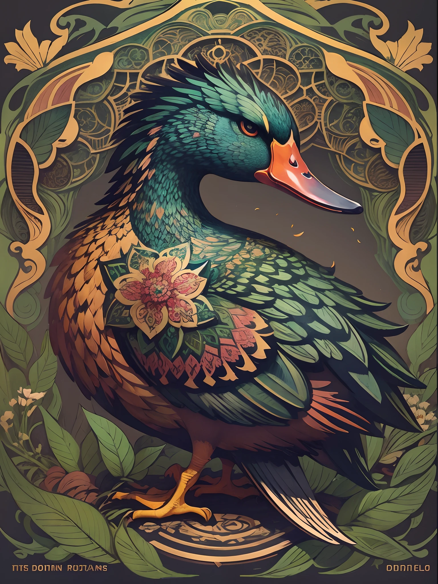 Colorful duck, blank background, art nouveau, intricate artwork, ominous, epic, highly detailed, vibrant, give geometry shape for the featers