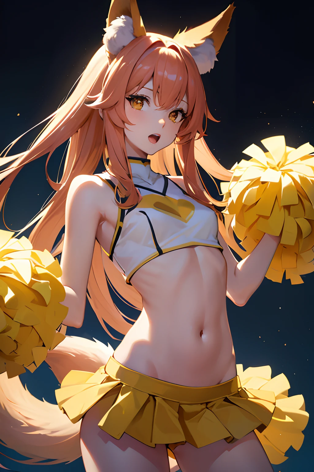 (best quality, masterpiece, highres tyndall effect,photorealistic, dark studio, rim lighting, two tone lighting,(high detailed skin:1.2), 8k uhd, dslr, soft lighting, high quality, volumetric lighting, candid, Photograph, high resolution, 4k, 8k), 1girl , bare shoulders , blush , cheering , cheerleader , crop top , fox ears , fox girl , fox tail , hair ornament , highleg panties , holding pom poms , long hair , looking at viewer , midriff , miniskirt , monochrome , navel , open mouth , panties , pom pom (cheerleading) , simple background , small breasts , solo , spot color , yellow eyes, tamamo (fate)