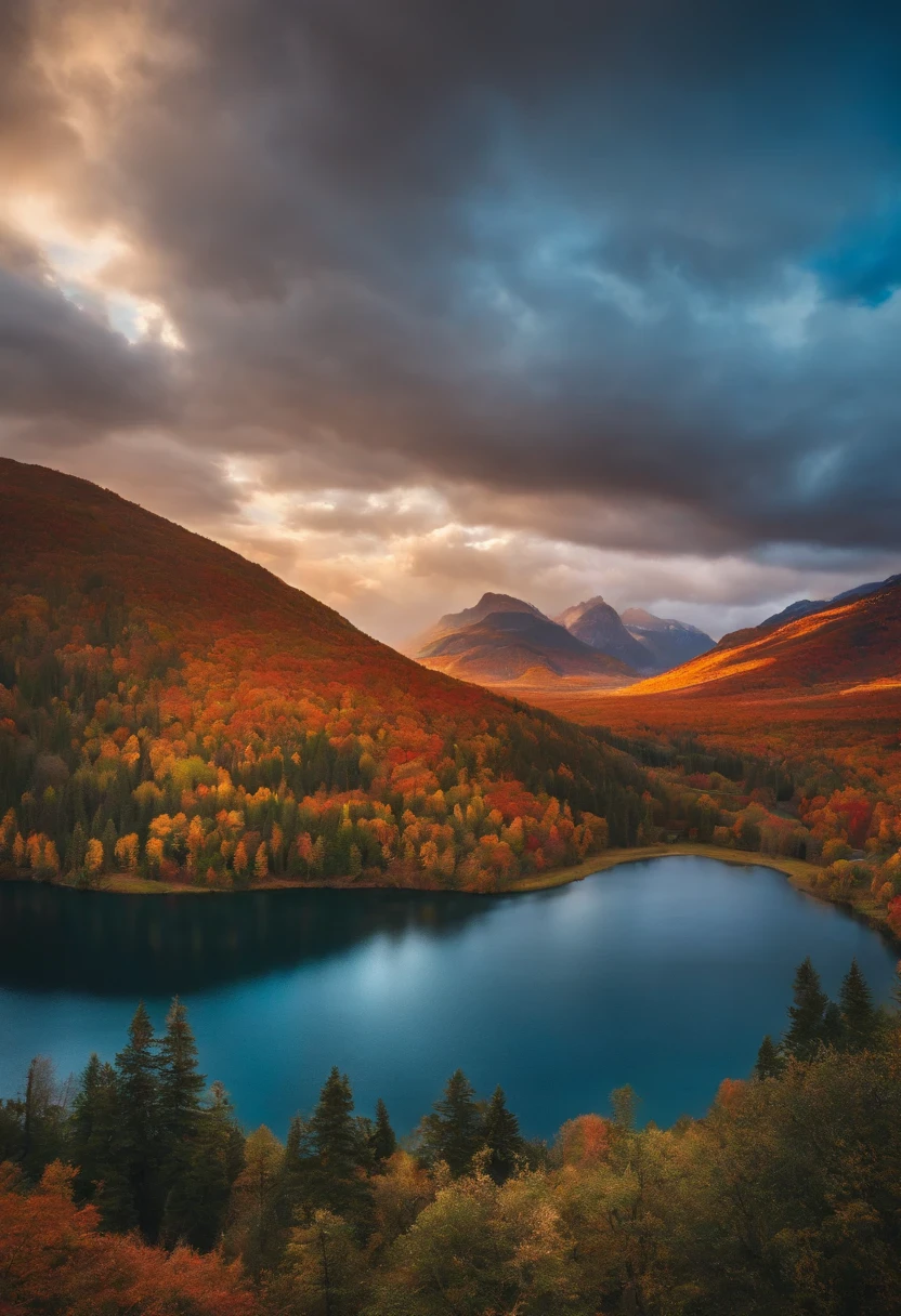 A view of a lake surrounded by trees and mountains under a cloudy sky ...
