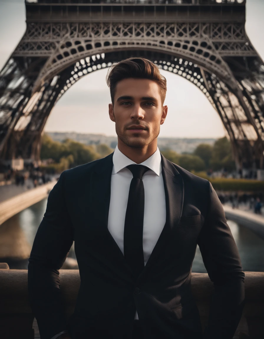 Cinematic portrait, upper body, face, facing the audience, (Reality :1.3), one of the most beautiful artworks in the world, a man looks into the camera, black suit, white shirt, :1.4), detailed beautiful face, action shooting, Eiffel tower background, realistic photos, CG, Art Station