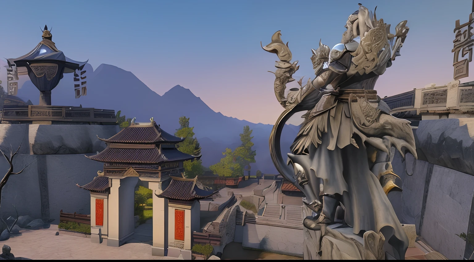 ((masterpiece)), (8k, high_resolution), (best quality), ultra-detailed, beautiful clouds, beautiful landscape, beautiful plants and trees, detailed forest,<mmorpgs scene, mmo, zenithal view, pc screenshot, ingame image, tamriel, longspear, imperial city in the distance, inspired by Sheng Maoye, high quality screenshot,there is a statue of a man holding a sword in a city, ingame image, beautiful screenshot, beautiful render of tang dynasty, chinese three kingdoms, heise jinyao, inspired by Huang Ding, mmo, inspired by Pu Hua, inspired by Sheng Maoye, inspired by Li Tang, screenshot from game, inspired by Wang Meng, nanquan