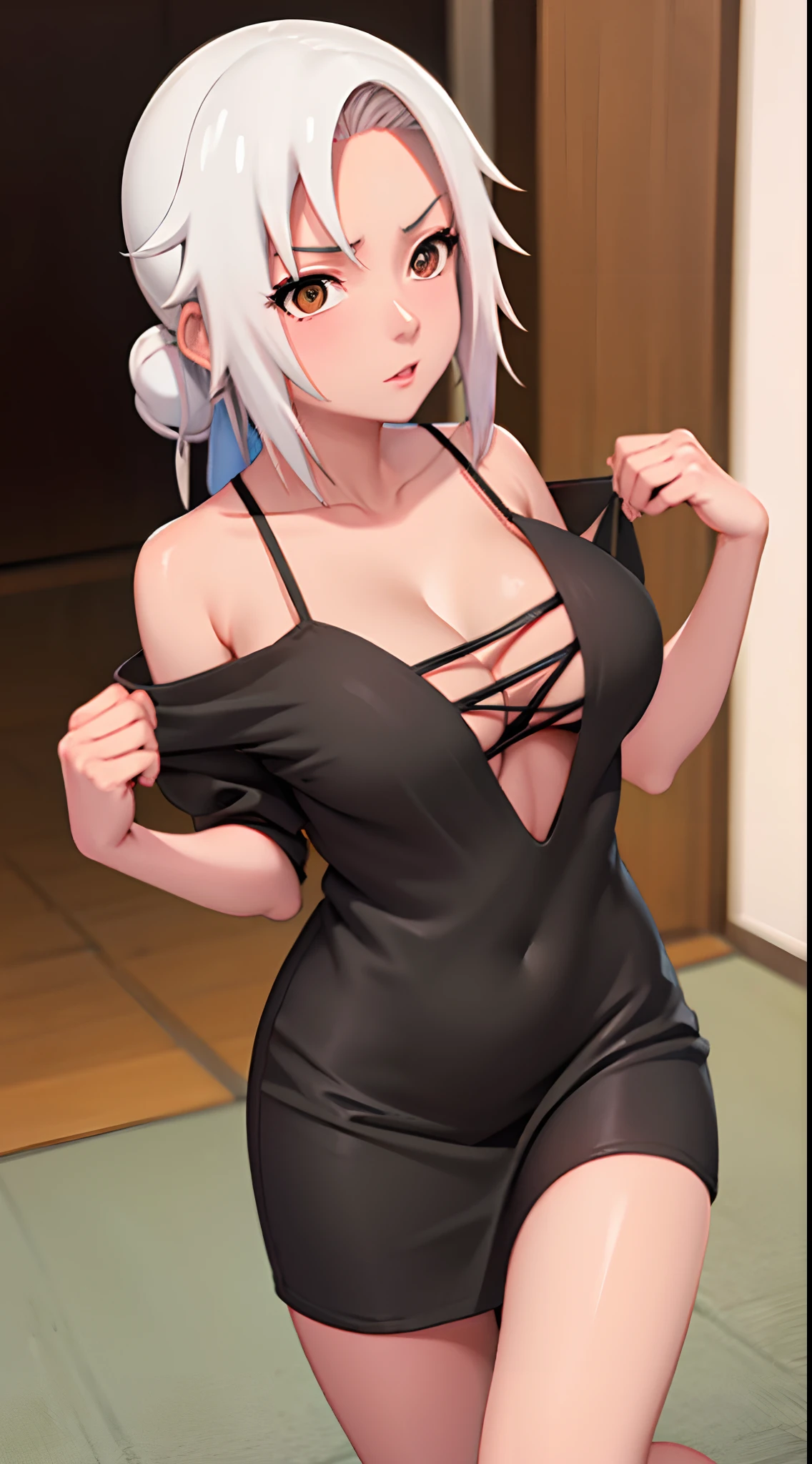 Mabui, spaghetti strap mini dress, big breast, seductive expression,