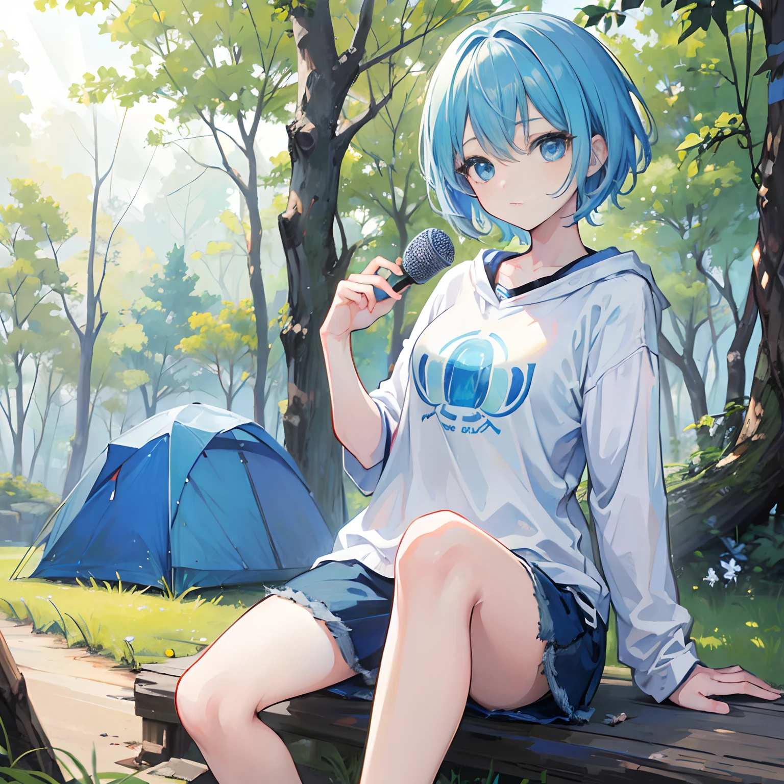 ((Masterpiece, highest quality)) 1 person, anime girl instagrammable, aesthetic, casual stylish clothes, light blue short hair, blue eyes, camping in nature