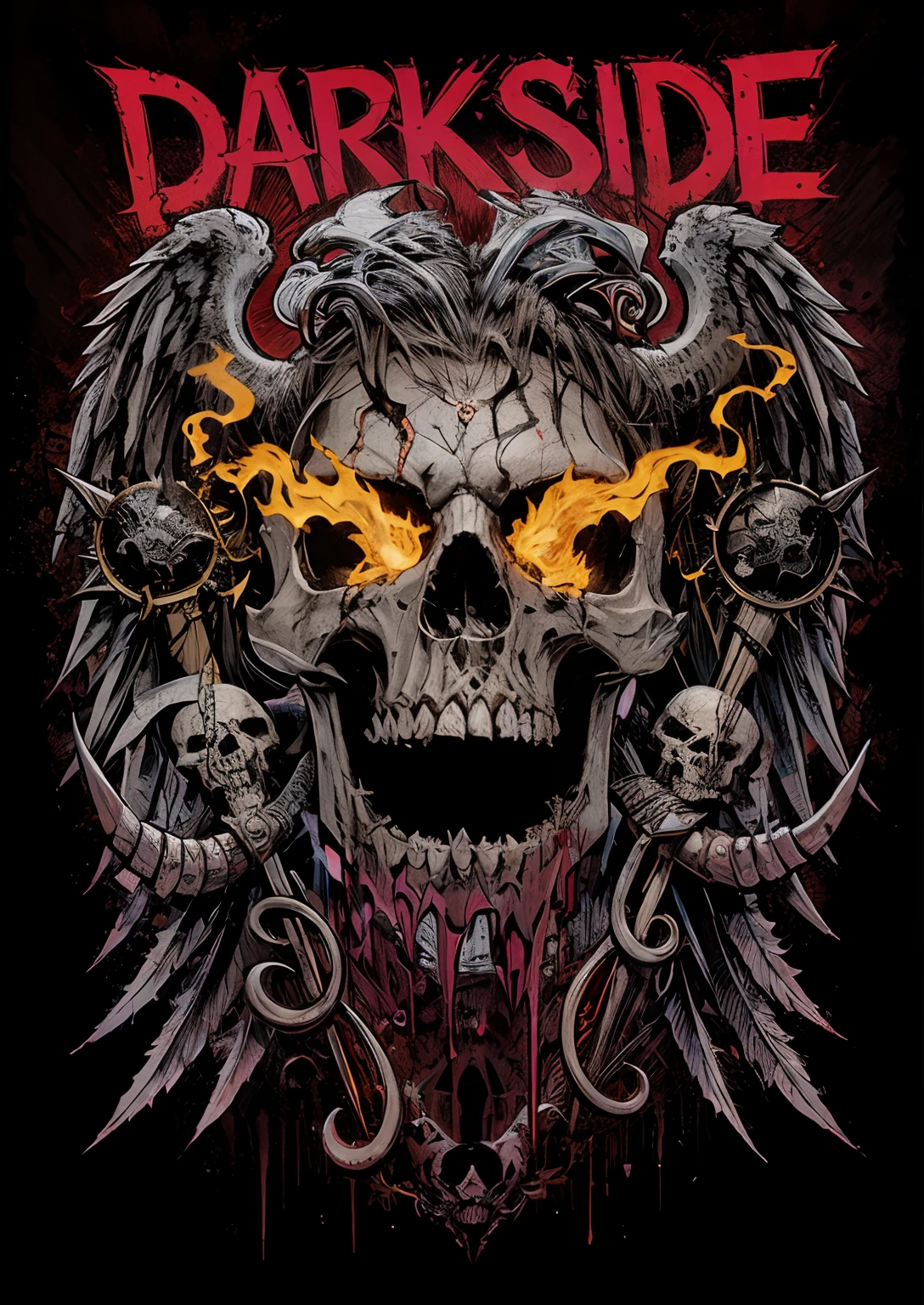 Darkside - O Diabo do Darkside, design de tshirt de metal pesado, skull design for a rock band, estilo de arte heavy metal, arte em heavy metal, Dan Mumford e Alex Grey Estilo, poster artwork, simetria!! Retrato de Hades, ( ( ( ( ( Dan Mumford ) ) ) ) ), No estilo Dan Mumford obra de arte, adorned with demon skulls