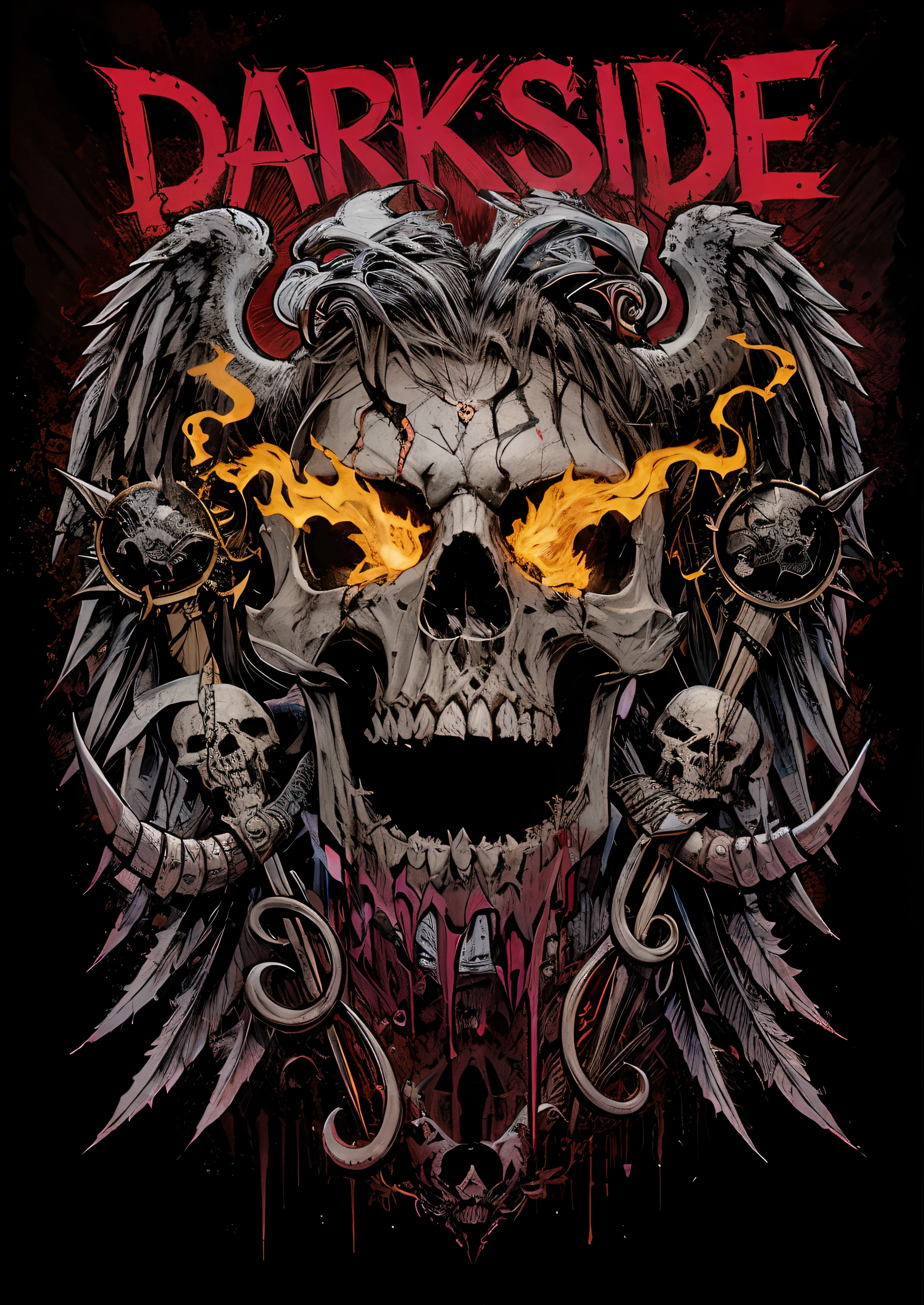 Darkside - O Diabo do Darkside, design de tshirt de metal pesado, skull design for a rock band, estilo de arte heavy metal, arte em heavy metal, Dan Mumford e Alex Grey Estilo, poster artwork, simetria!! Retrato de Hades, ( ( ( ( ( Dan Mumford ) ) ) ) ), No estilo Dan Mumford obra de arte, adorned with demon skulls