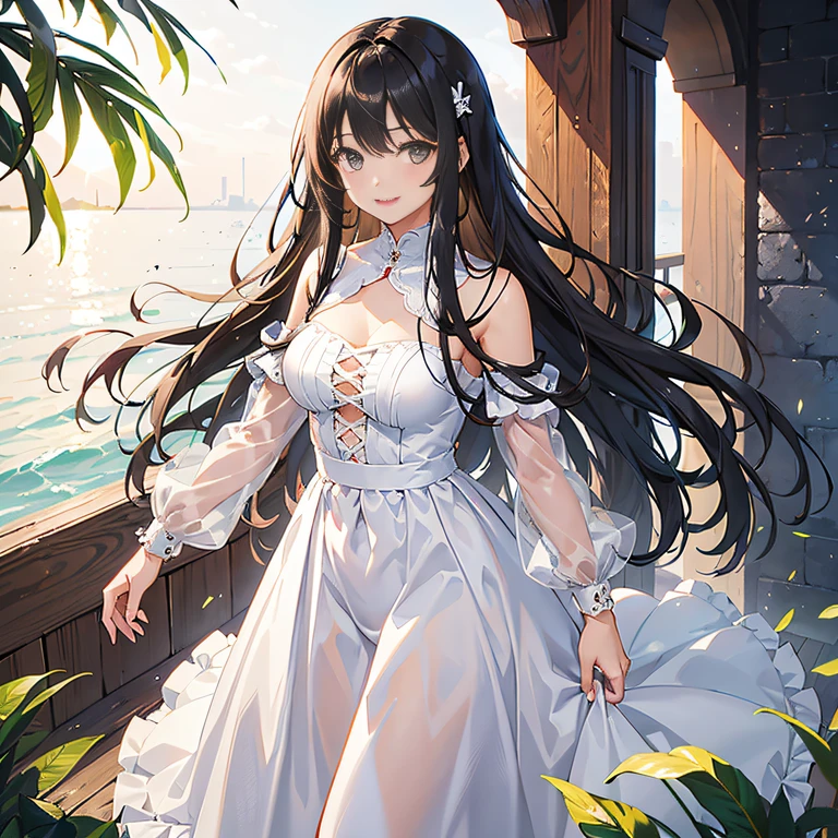 A very beautiful young woman stands in the water of a river and screams with joy with her hands raised. (Good Composition) (Obra de arte) (Arte expresivo). (Pechos masivos gigantes)